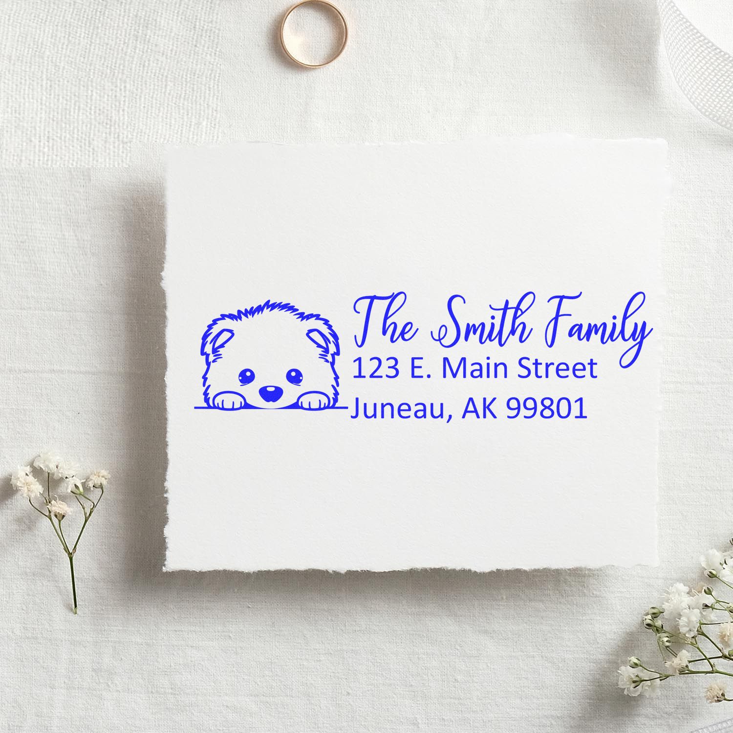 Custom return address rubber stamp with cute bear icon for The Smith Family, Juneau, AK 99801