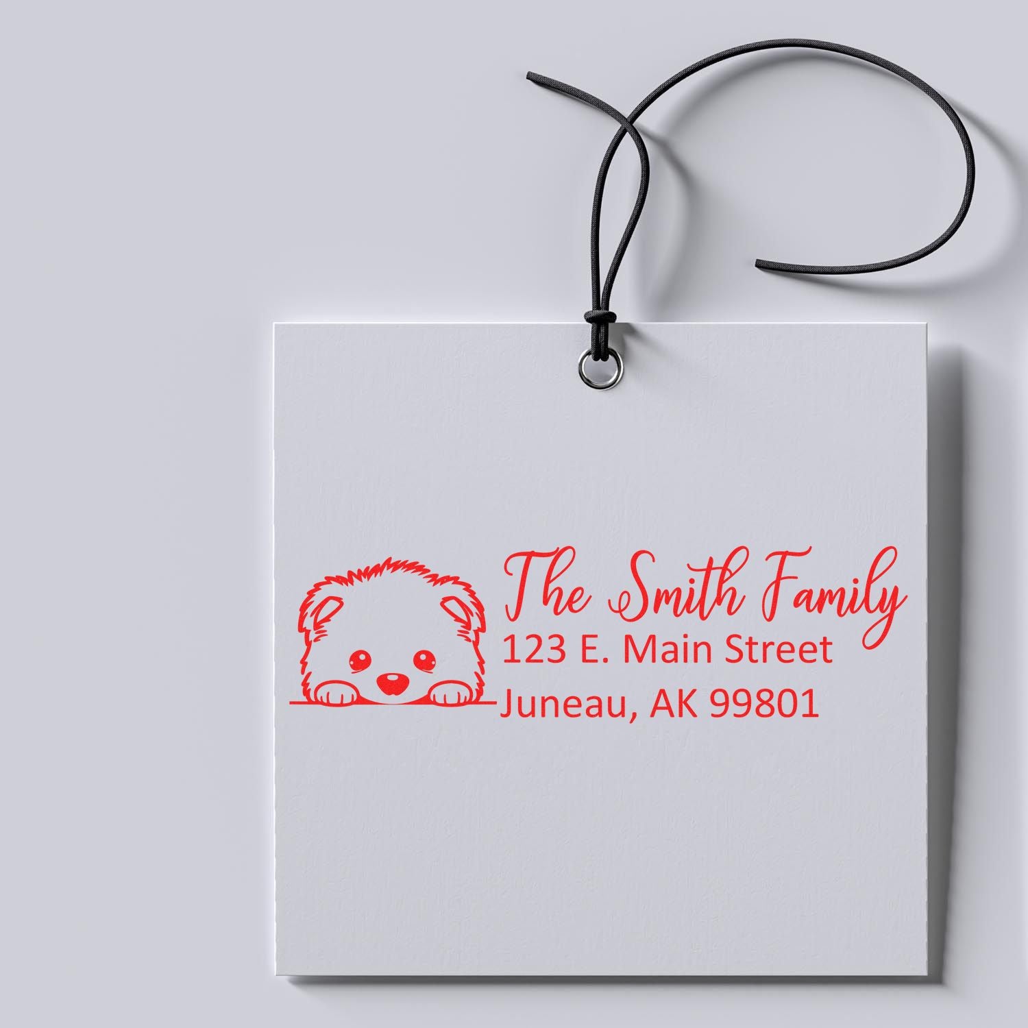 Custom family return address rubber stamp with bear design, personalized Juneau, AK mailing address.