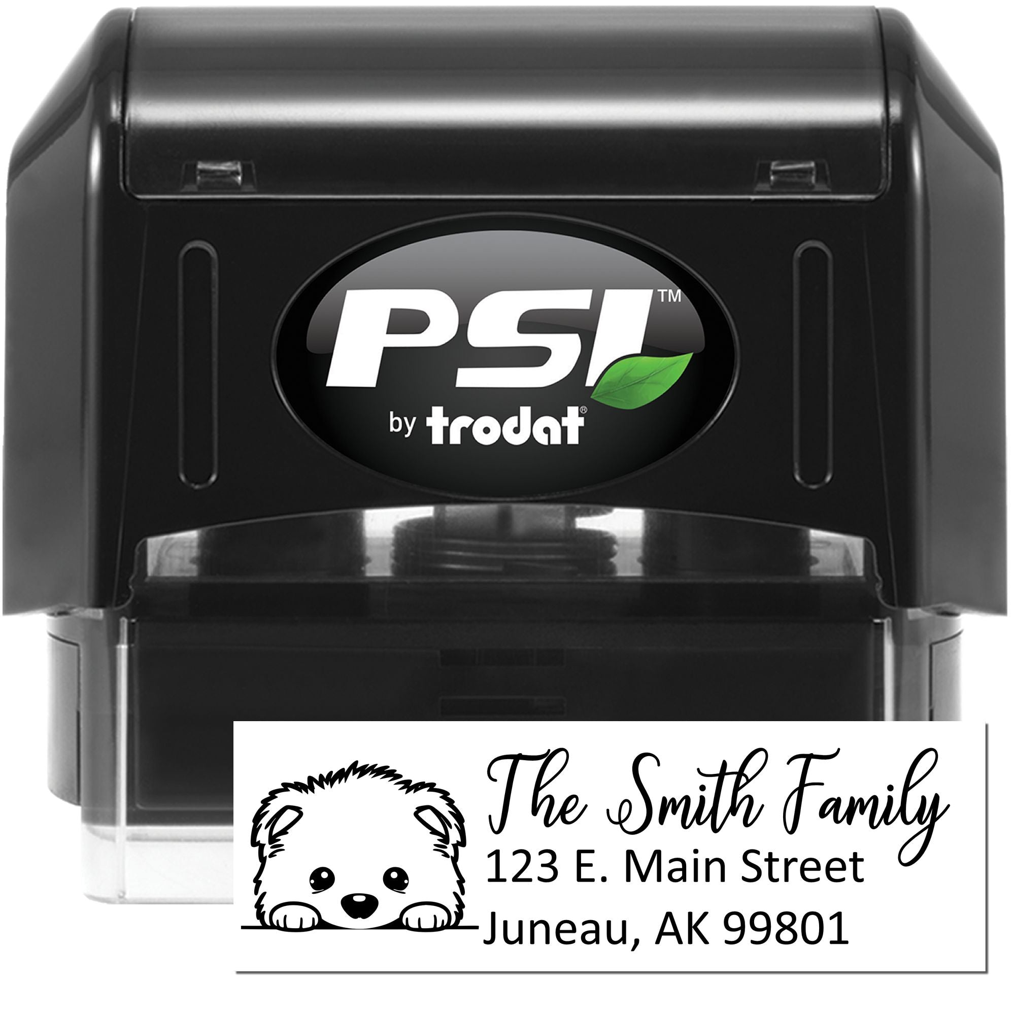 PSI by Trodat custom self-inking address rubber stamp with dog design for family mailing labels.