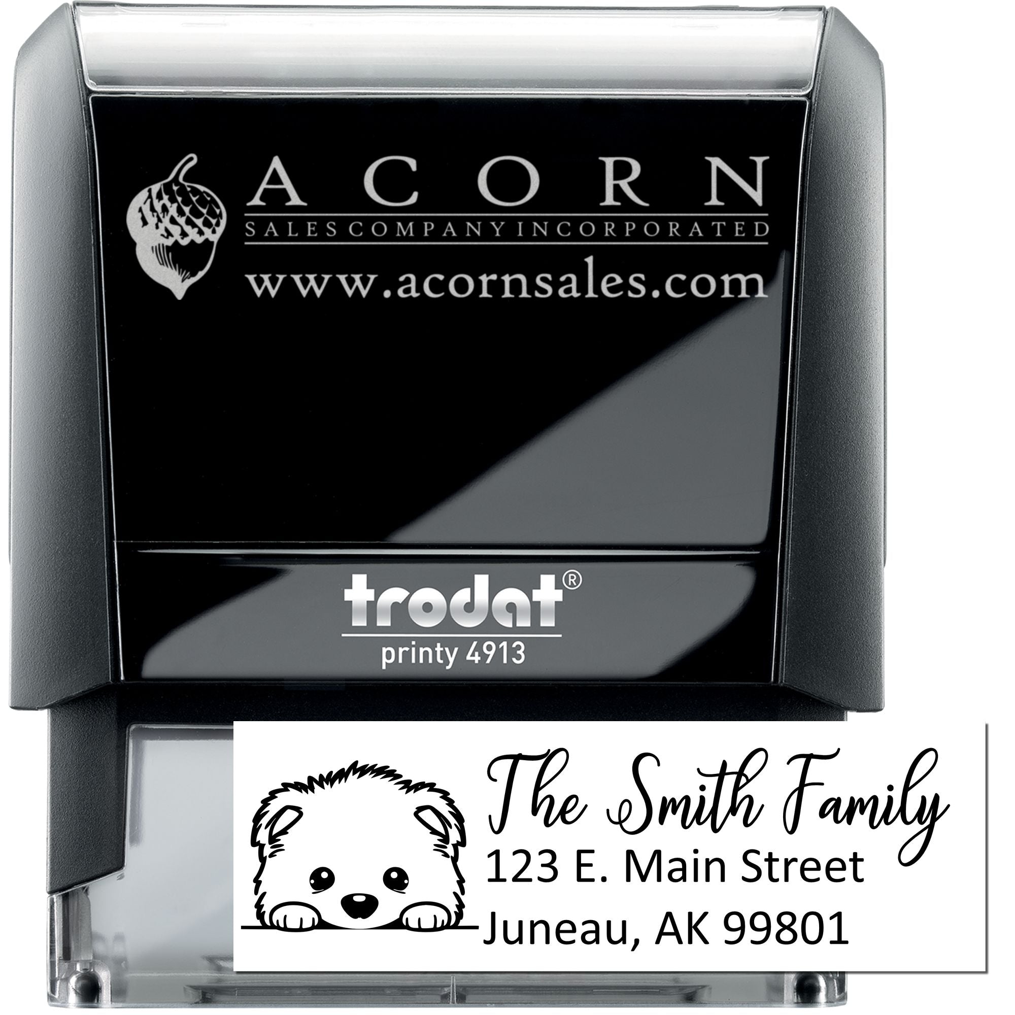 Custom self-inking rubber address stamp with logo and return address, ideal for personalized business and family mailings.