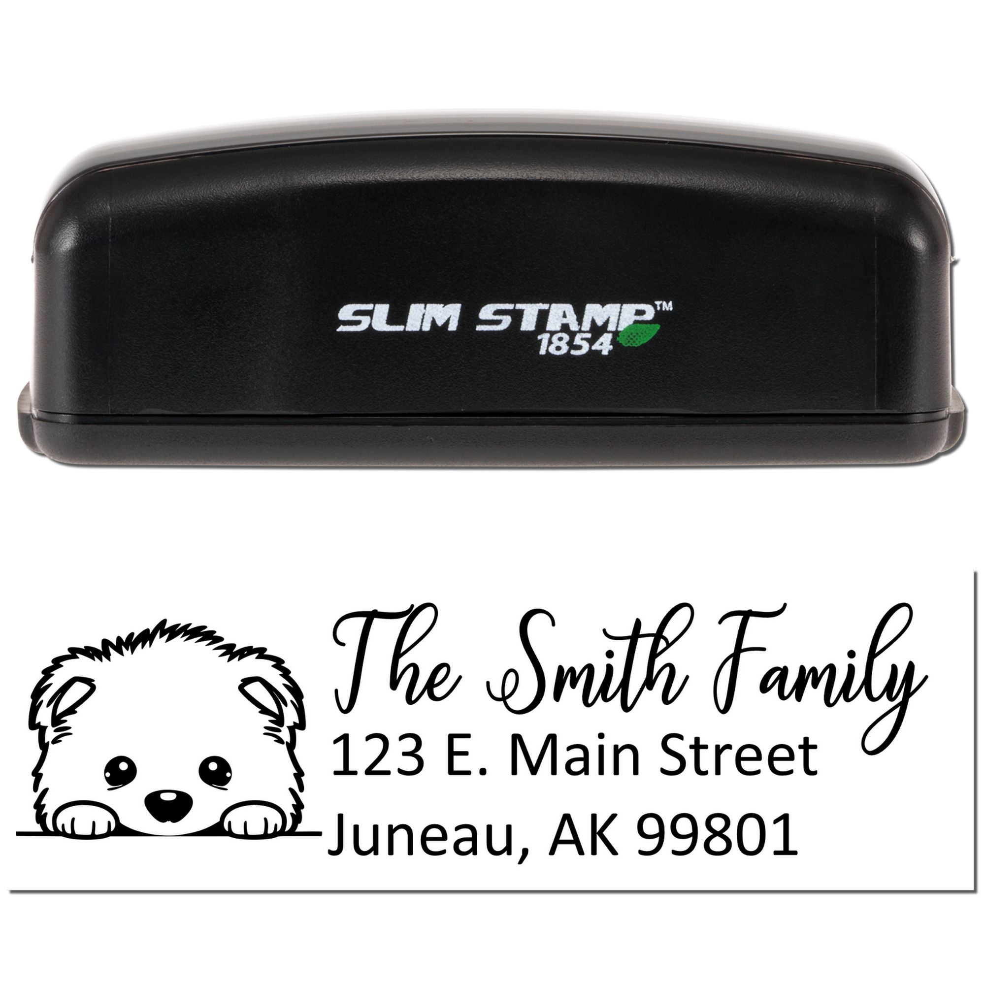 Slim Stamp 1854 custom return address rubber stamp with dog icon, showing The Smith Family address imprint.