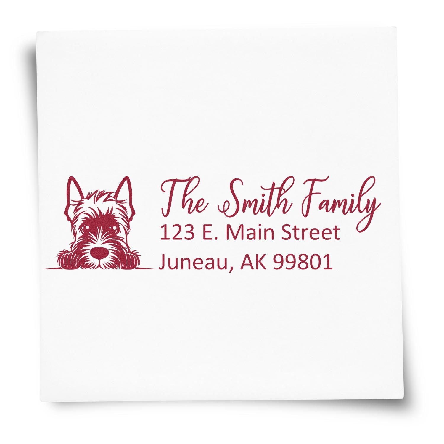 Personalized dog return address rubber stamp for The Smith Family, Juneau, AK 99801.