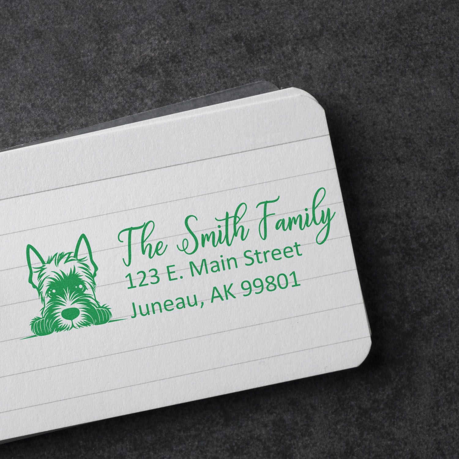 Personalized dog address rubber stamp with The Smith Family return address, Juneau, AK