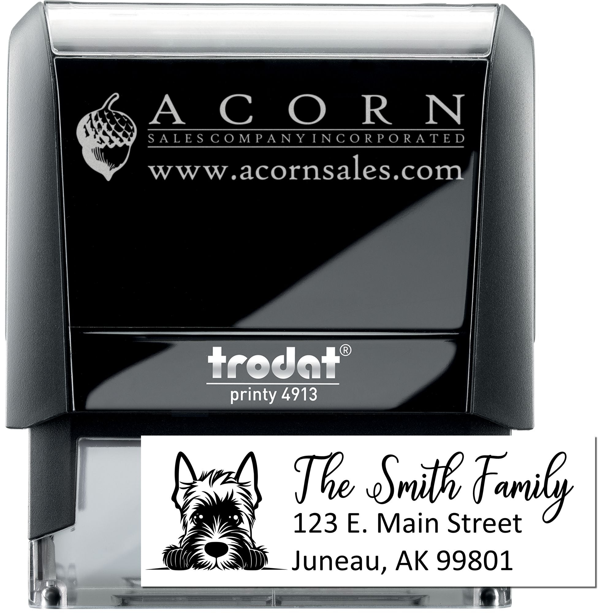 Personalized self-inking rubber stamp with custom logo and return address, ideal for business branding and mailings.
