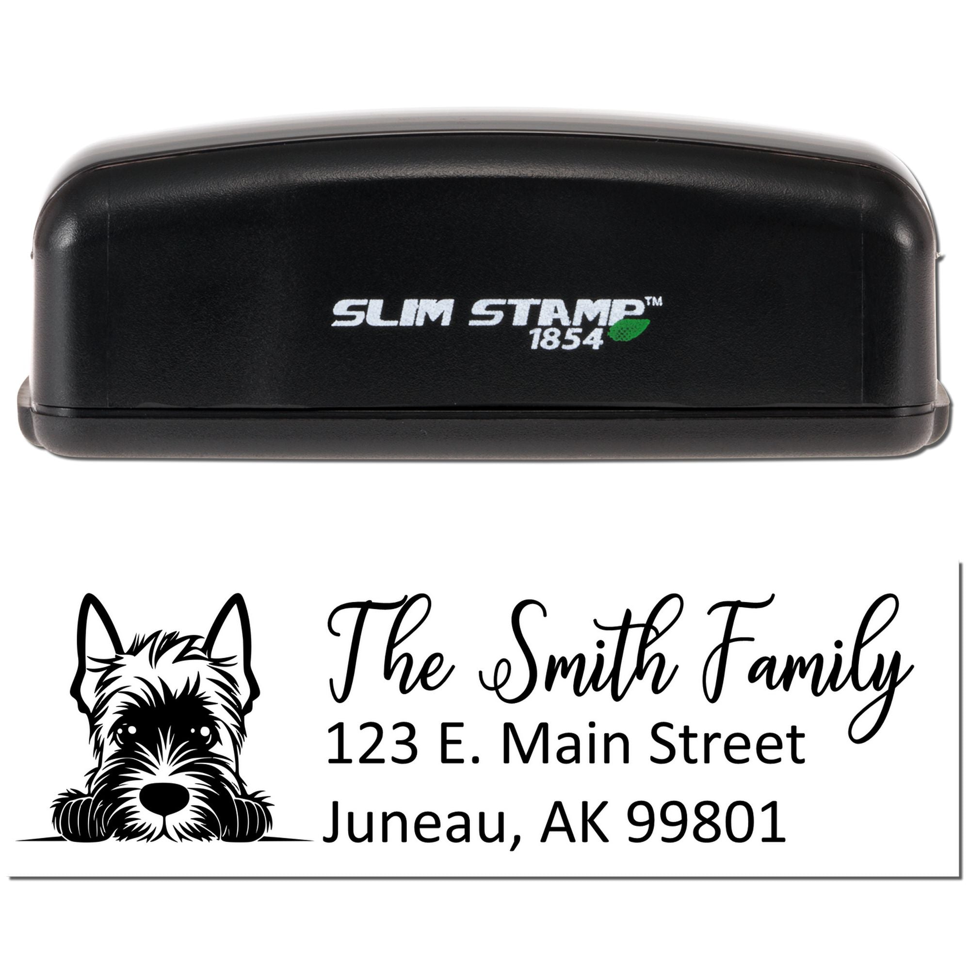 Custom self-inking rubber stamp with dog logo and address for The Smith Family, Juneau, AK, Slim Stamp 1854