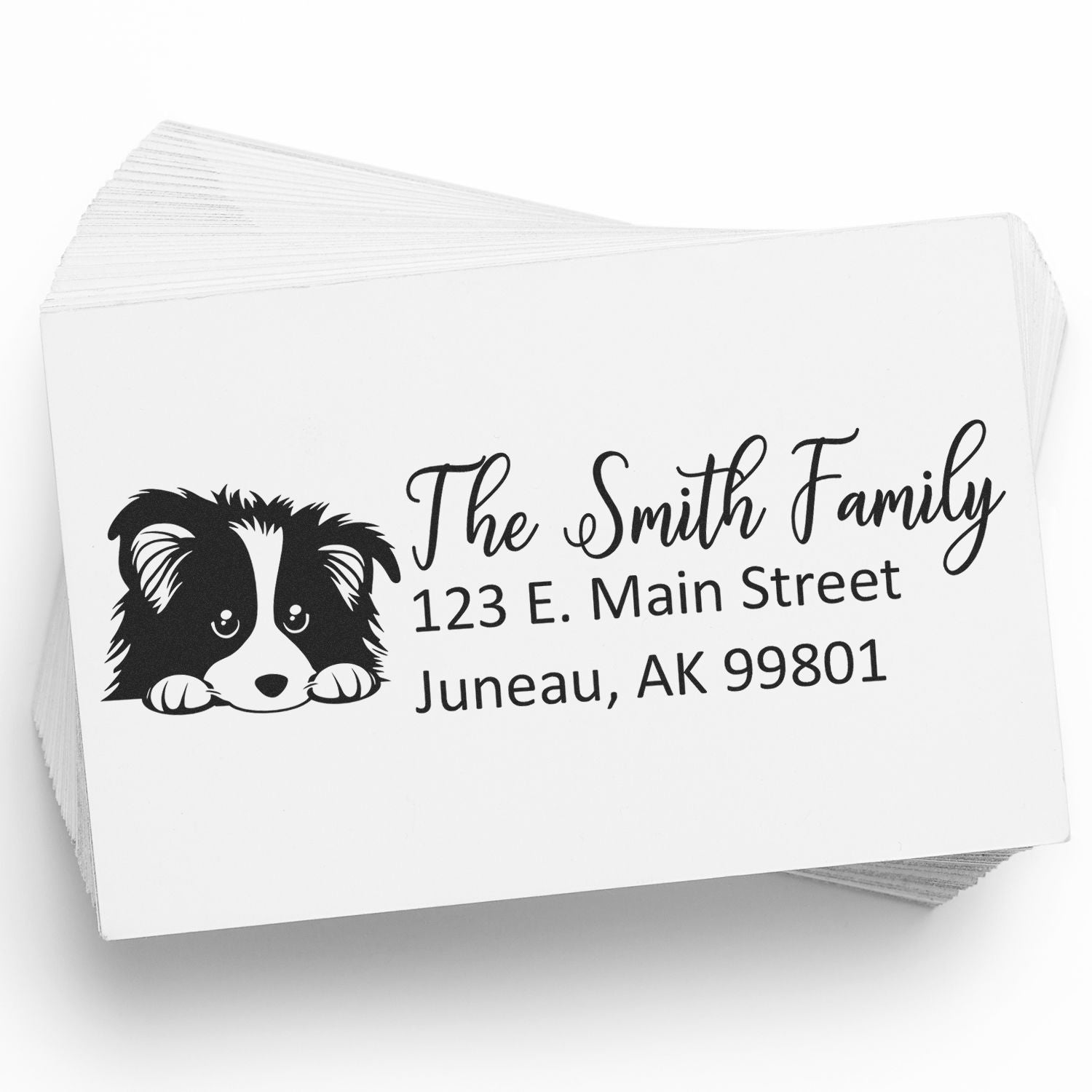 Custom rubber stamp for return addresses with dog illustration, reading The Smith Family, 123 E. Main Street, Juneau, AK 99801.
