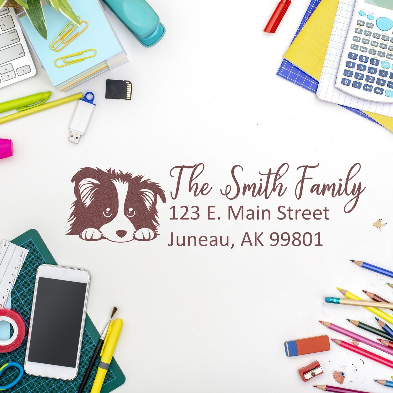 Personalized address rubber stamp with dog design, The Smith Family return address for mail, cards, and stationery.