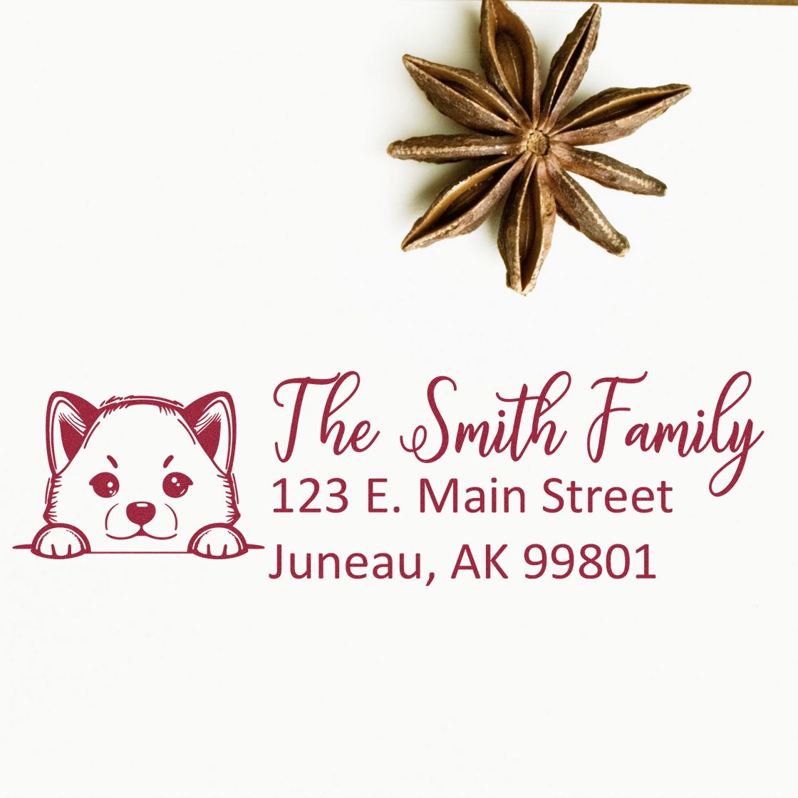 Personalized cat return address rubber stamp for The Smith Family, 123 E. Main Street, Juneau, AK 99801