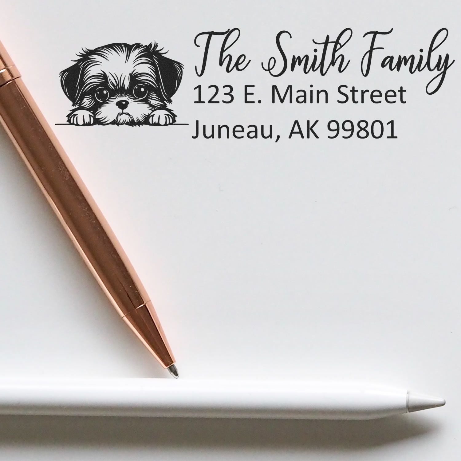 Custom return address rubber stamp with dog illustration, The Smith Family, 123 E. Main Street, Juneau, AK 99801