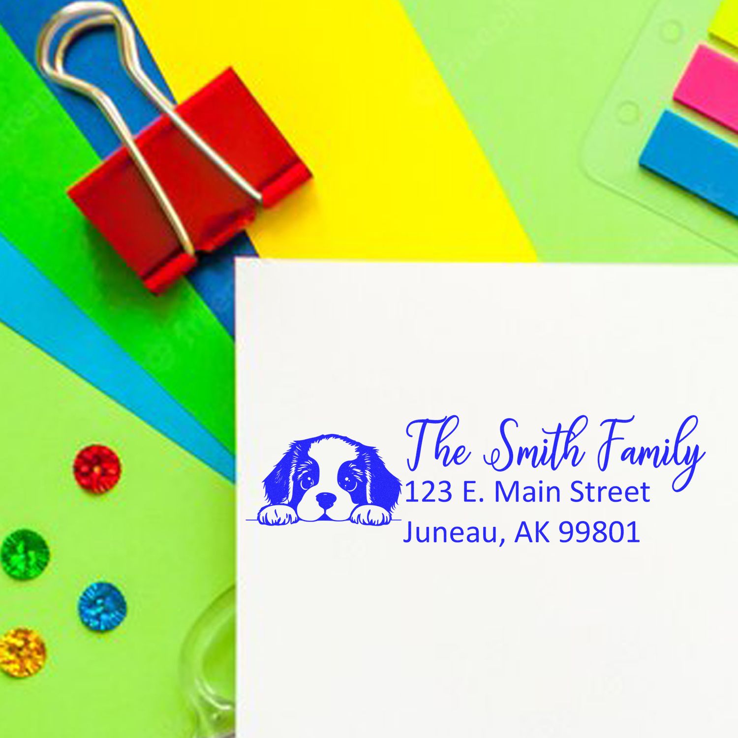 Custom address rubber stamp with dog logo, personalized family return address for envelopes and stationery.