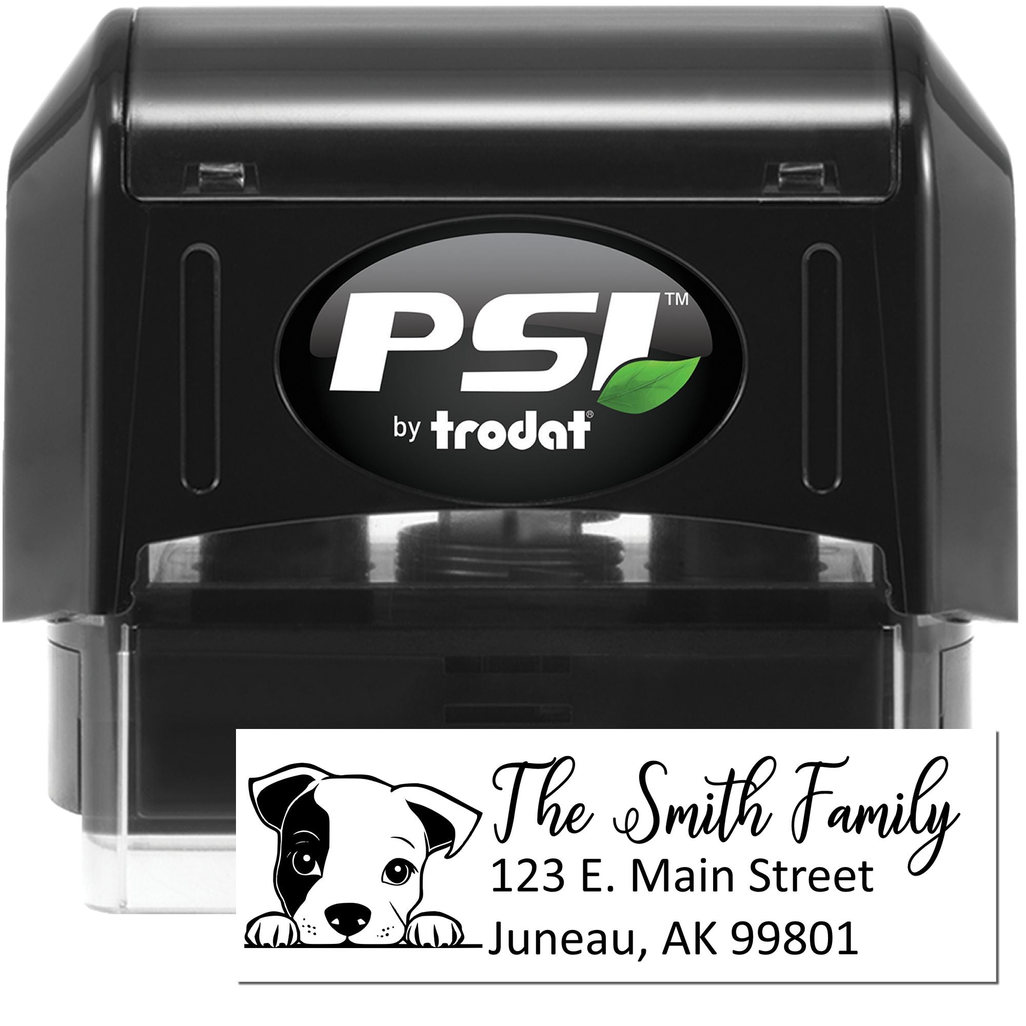 PSI by Trodat personalized self-inking rubber address stamp with custom dog design and Smith Family return address