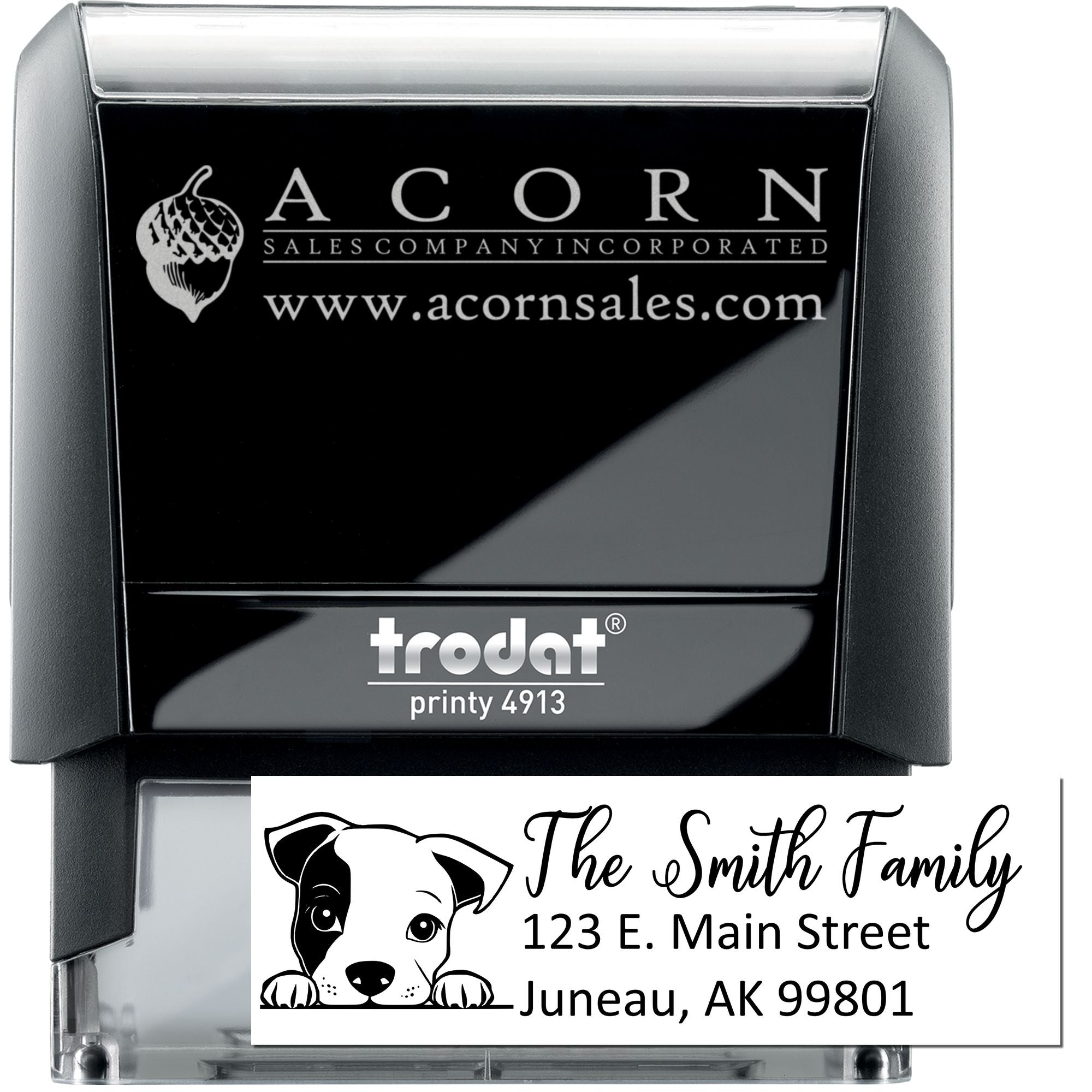 Custom self-inking rubber stamp with logo and address imprint examples for business branding and family mailing.