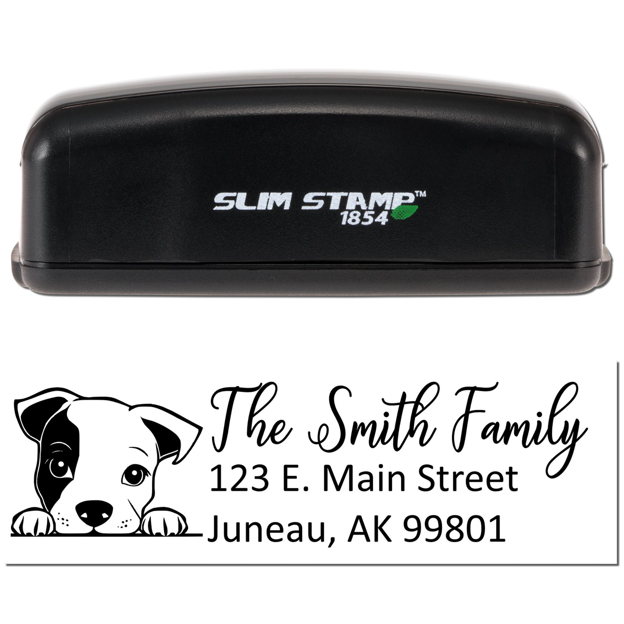 Personalized return address rubber stamp with dog logo, designed for The Smith Family, Juneau, AK.