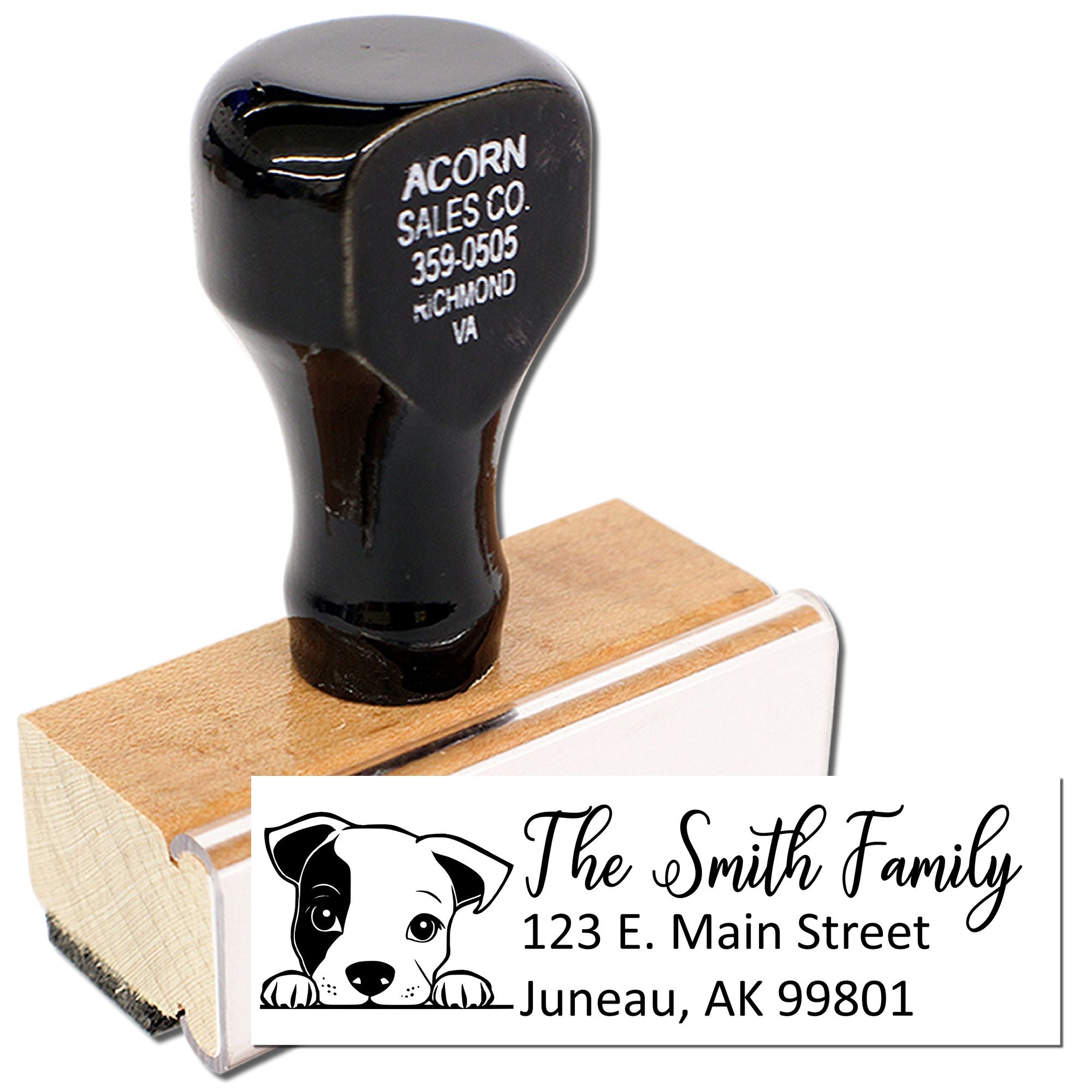 Custom dog address rubber stamp with family name and address for personalized envelope and mailing use.