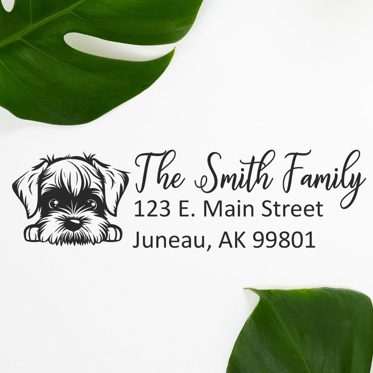 Custom dog family address rubber stamp for The Smith Family, 123 E. Main Street, Juneau, AK 99801