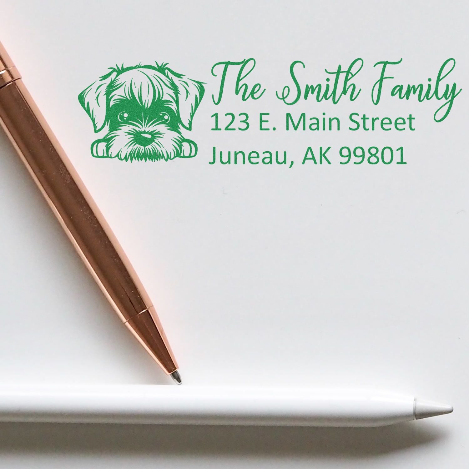 Custom rubber return address stamp with dog illustration for The Smith Family, 123 E. Main Street, Juneau, AK 99801.