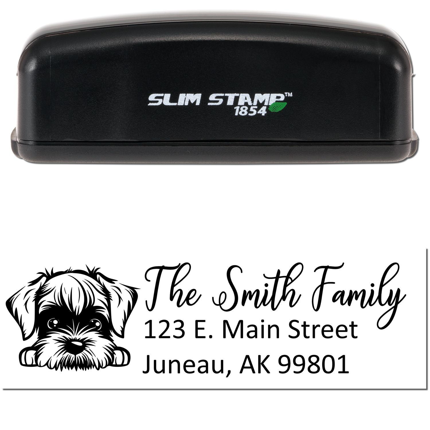Slim Stamp 1854 self-inking rubber address stamp with custom dog design for The Smith Family, Juneau, AK.