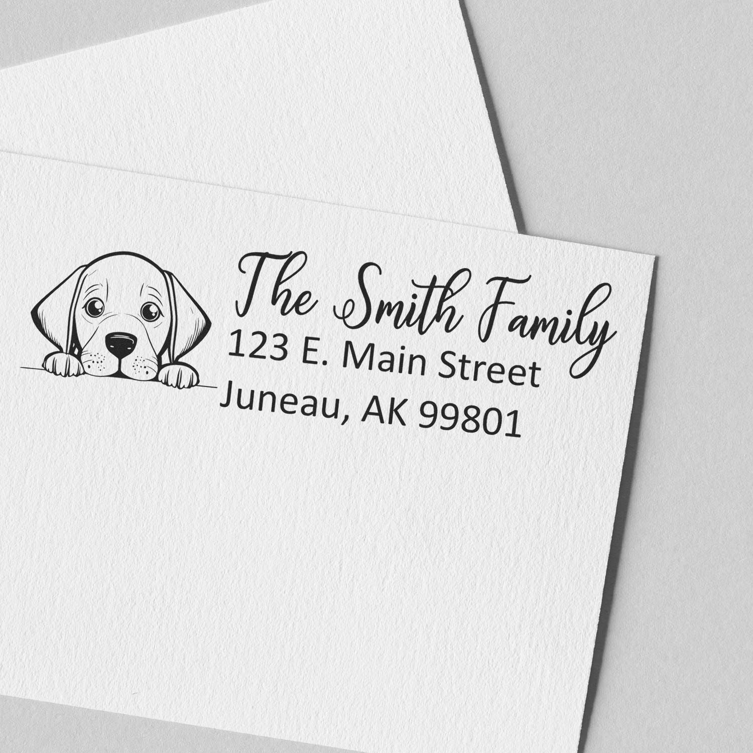 Personalized address rubber stamp with dog illustration, The Smith Family, 123 E. Main Street, Juneau, AK 99801