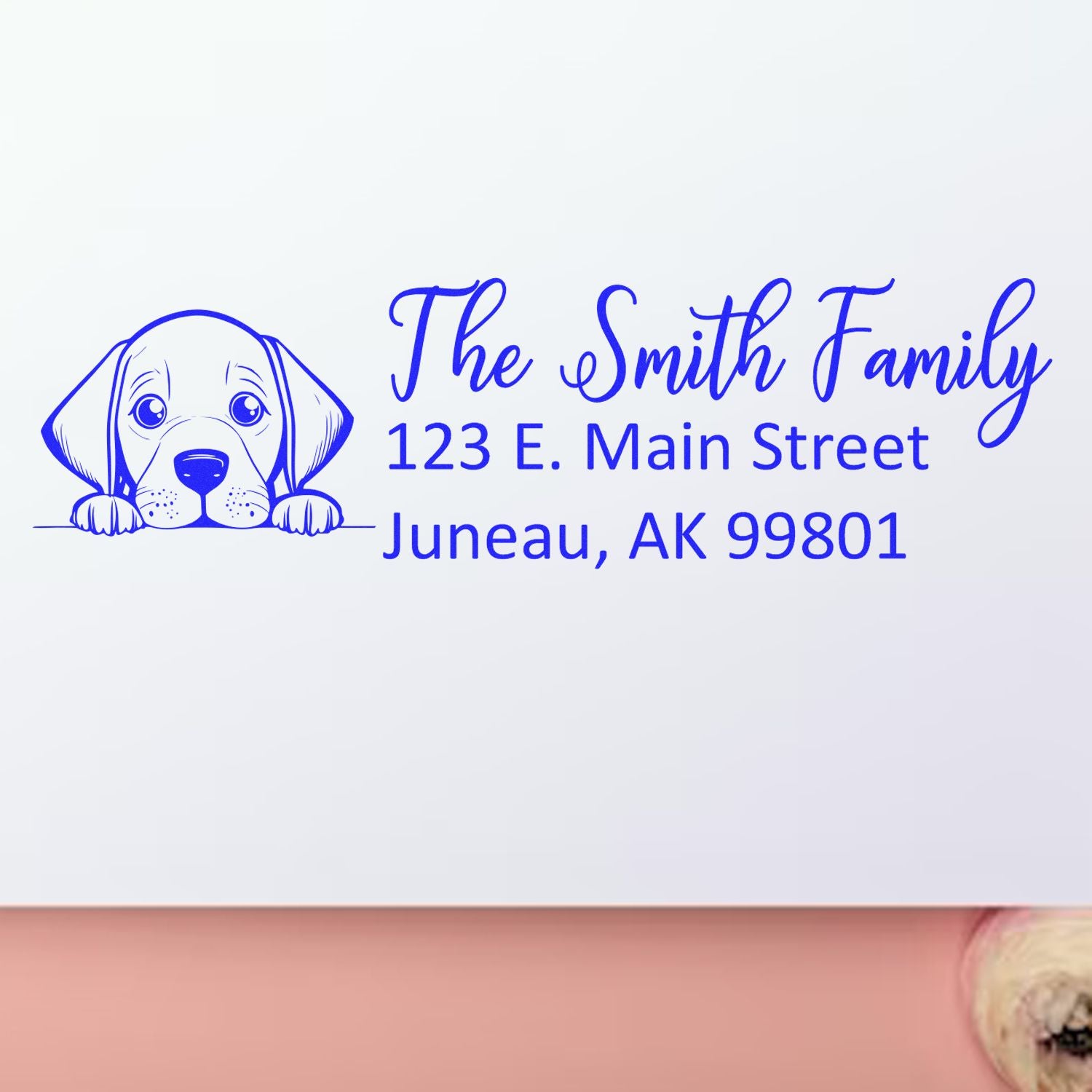 Custom dog address rubber stamp with The Smith Family, 123 E. Main Street, Juneau, AK 99801