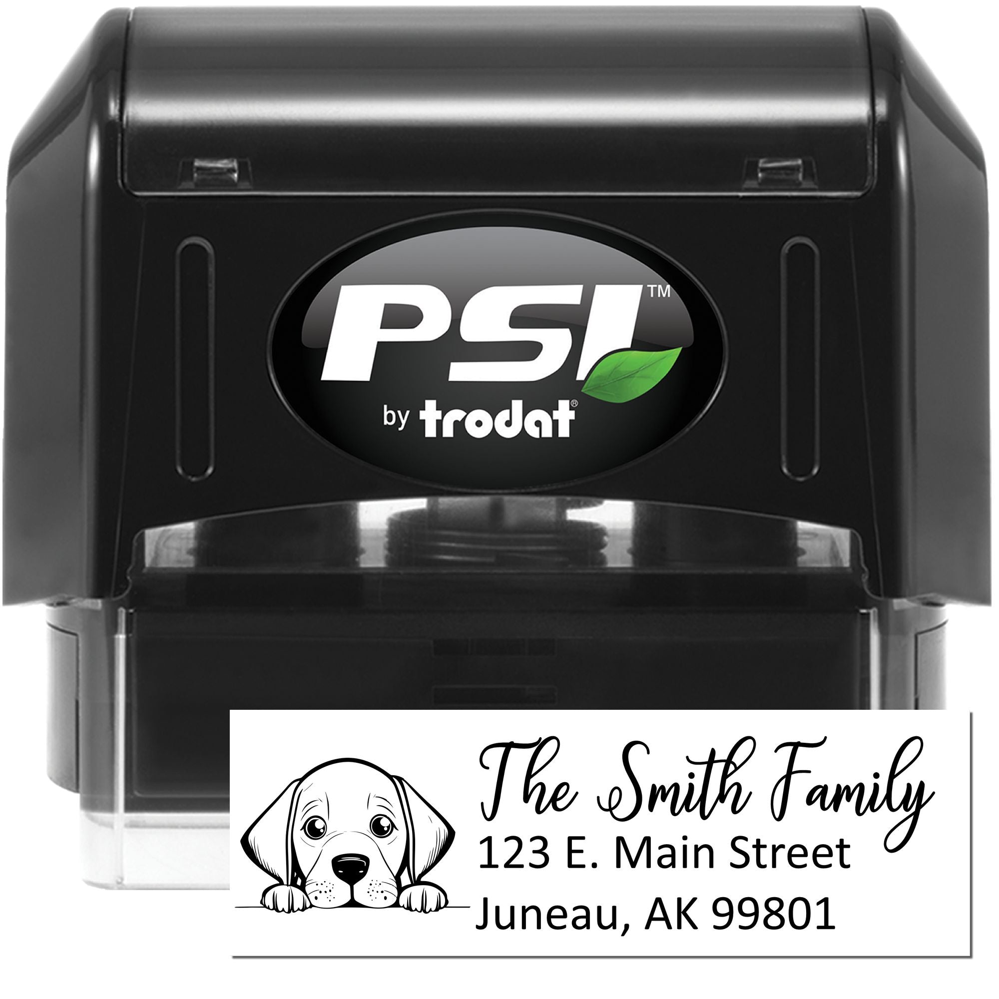 Custom self-inking address rubber stamp with dog illustration, PSI by Trodat, for The Smith Family, Juneau AK 99801