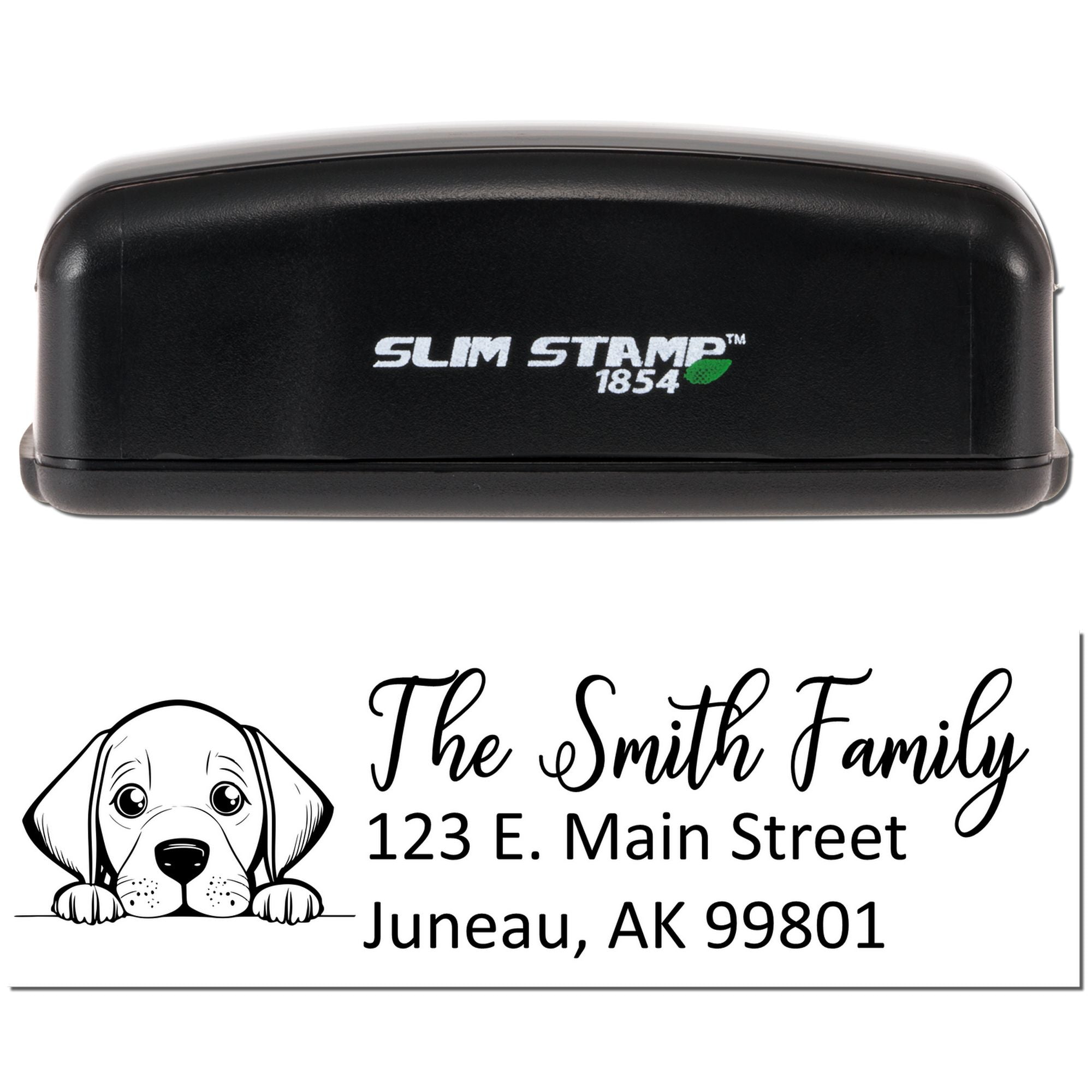 Custom self-inking Slim Stamp rubber stamp with dog illustration, family name, and return address for mailing envelopes.