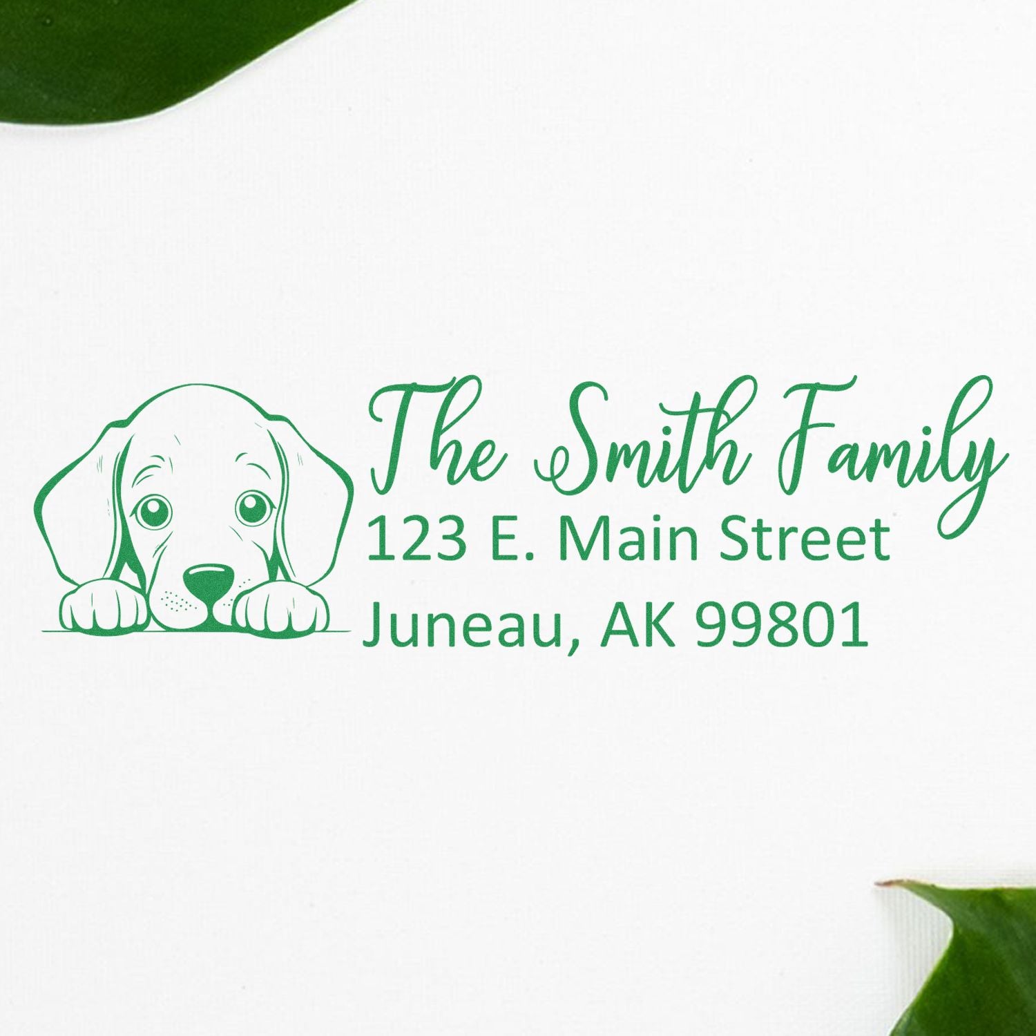 Custom return address rubber stamp with puppy design for The Smith Family, 123 E. Main Street, Juneau, AK 99801