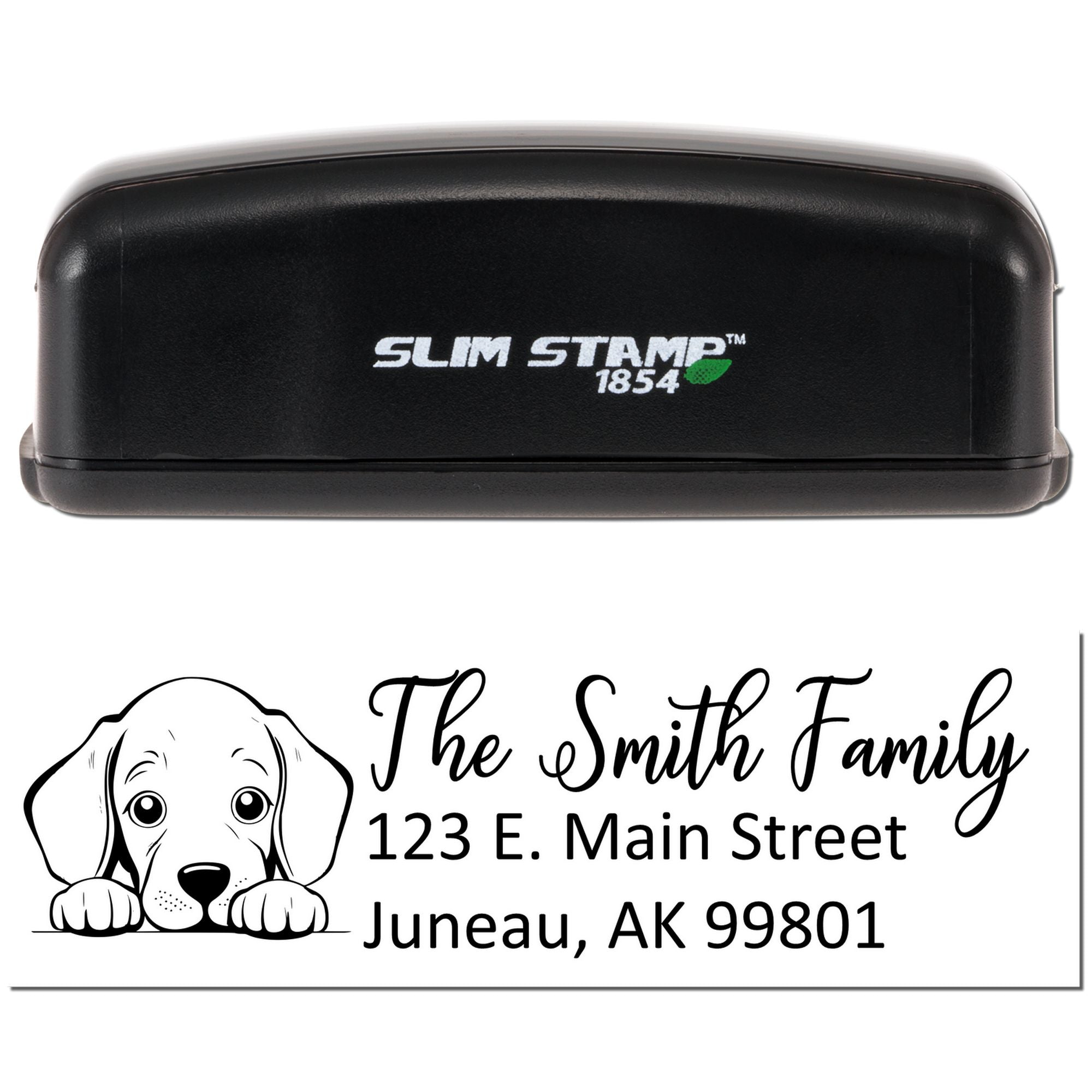 Slim Stamp 1854 custom address rubber stamp with dog design for The Smith Family return mail label and mailing address.
