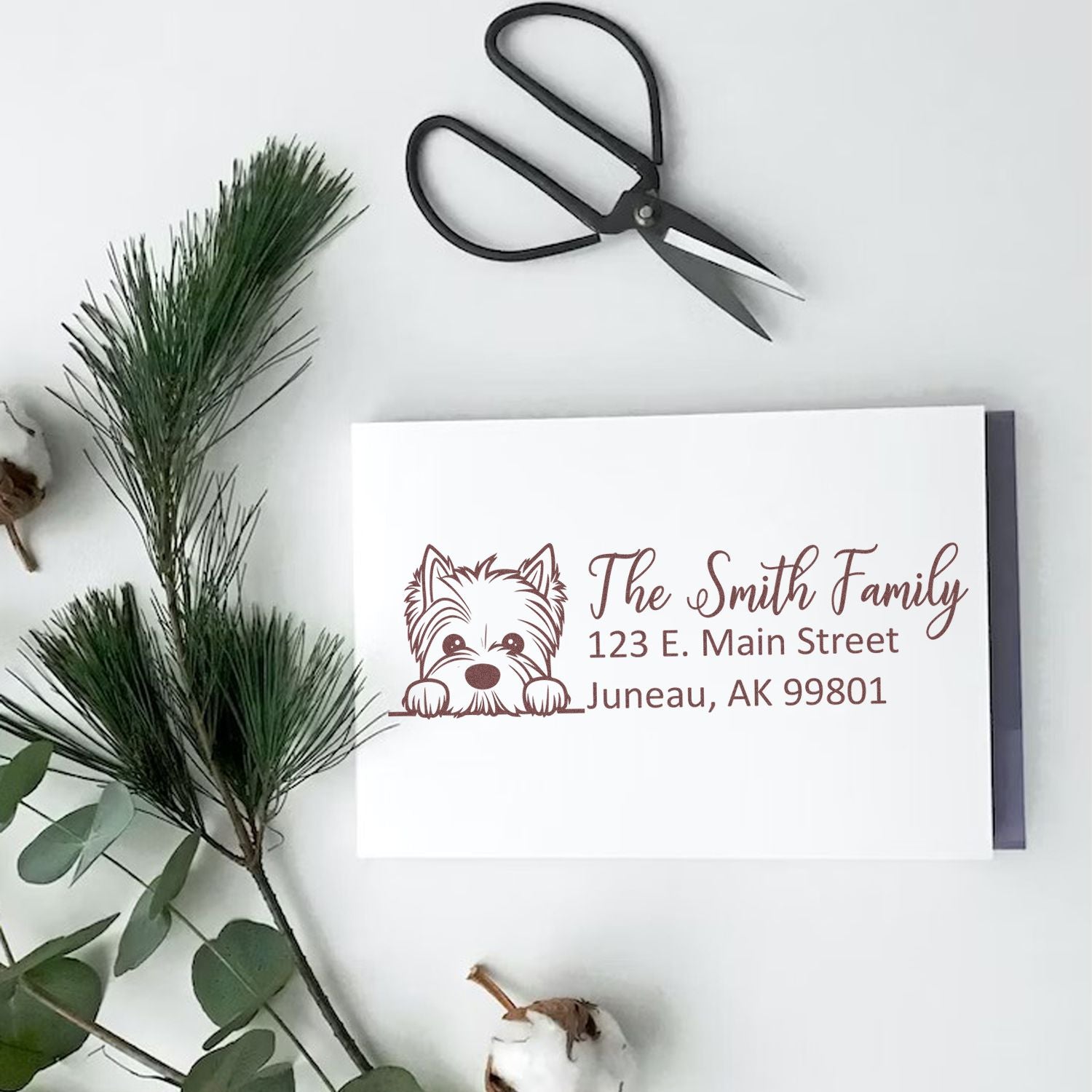 Custom dog return address rubber stamp for The Smith Family, featuring Juneau, AK mailing details for envelopes.