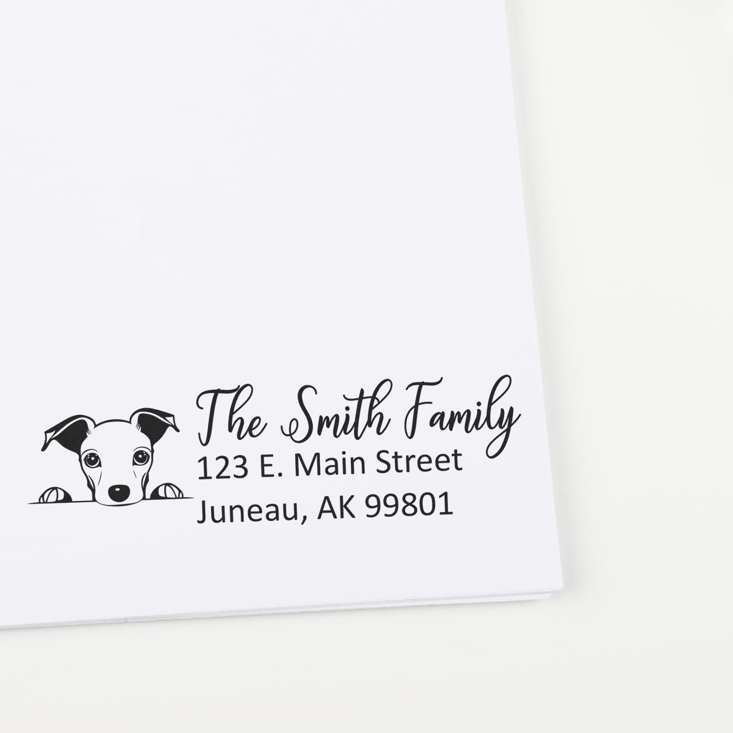 Custom dog return address rubber stamp for The Smith Family, Juneau, AK 99801