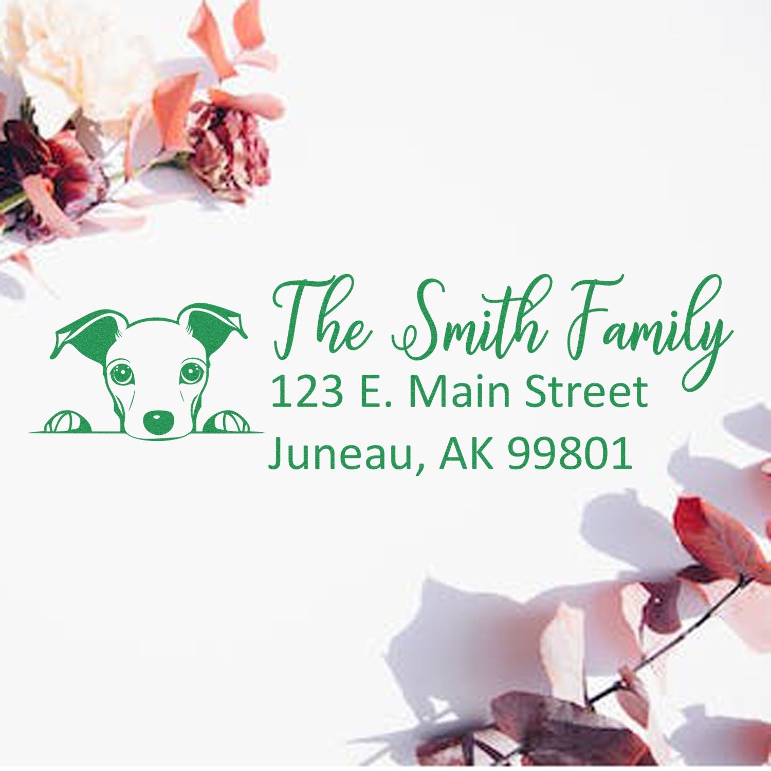 Custom return address rubber stamp with dog illustration for personalized family mailings.