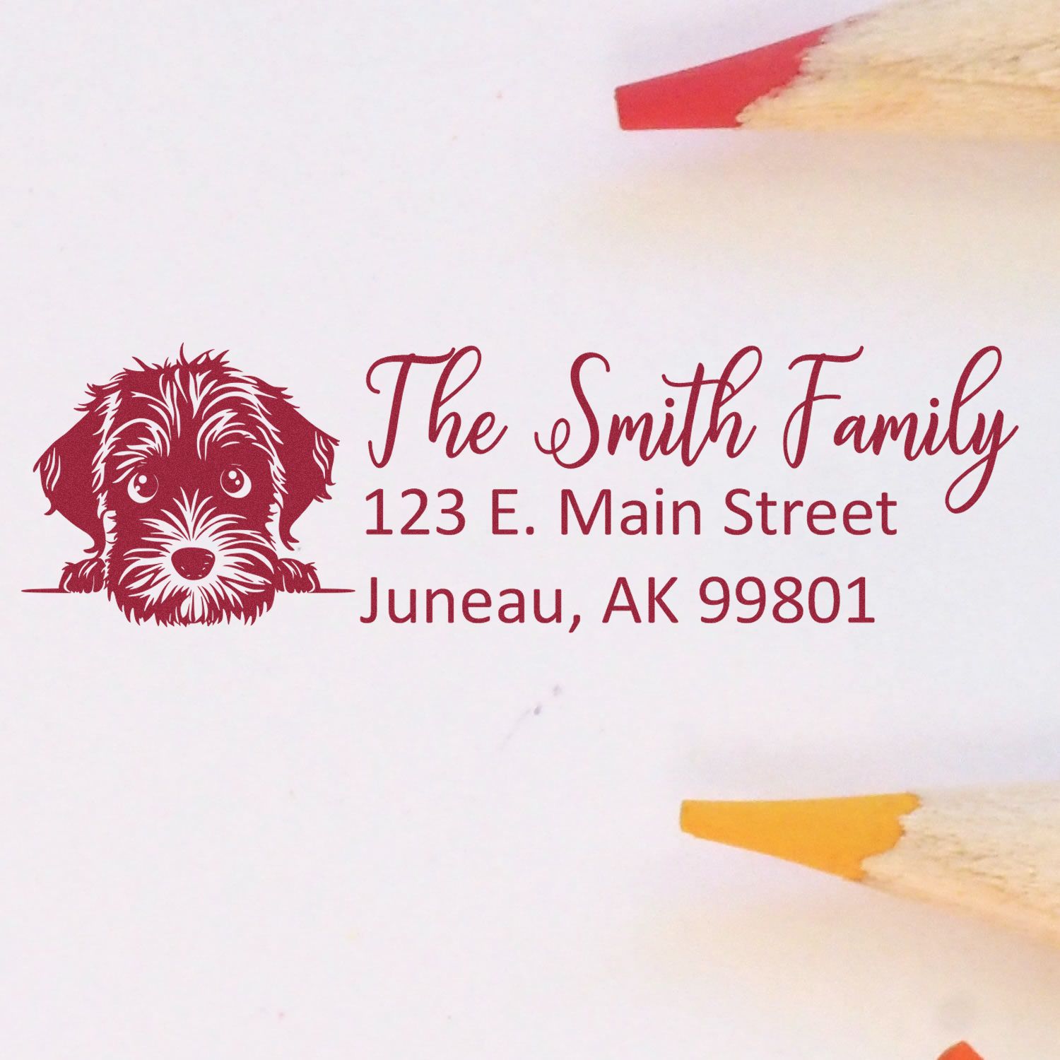 Personalized dog return address rubber stamp for The Smith Family, Juneau, AK home mailing address.