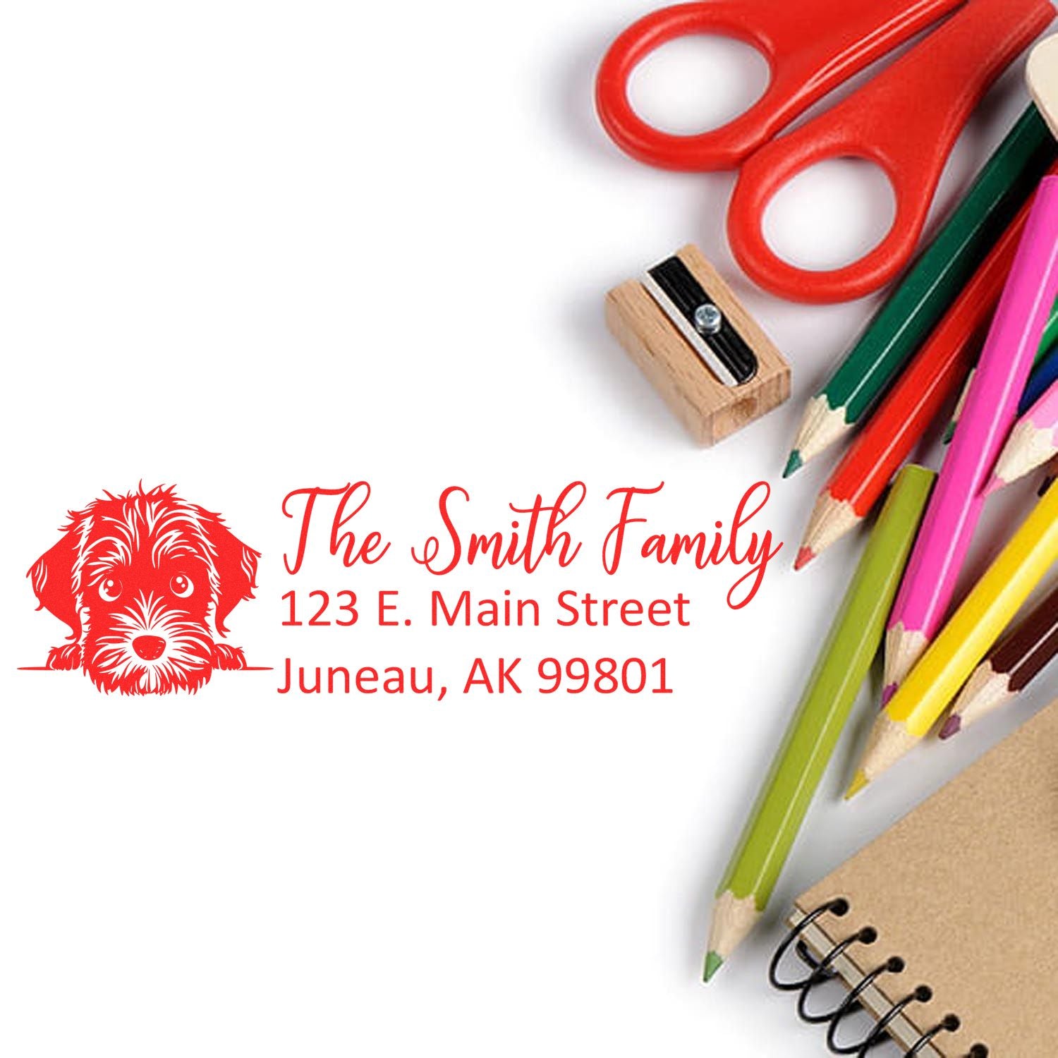Custom personalized return address rubber stamp with dog illustration for The Smith Family, Juneau, AK.