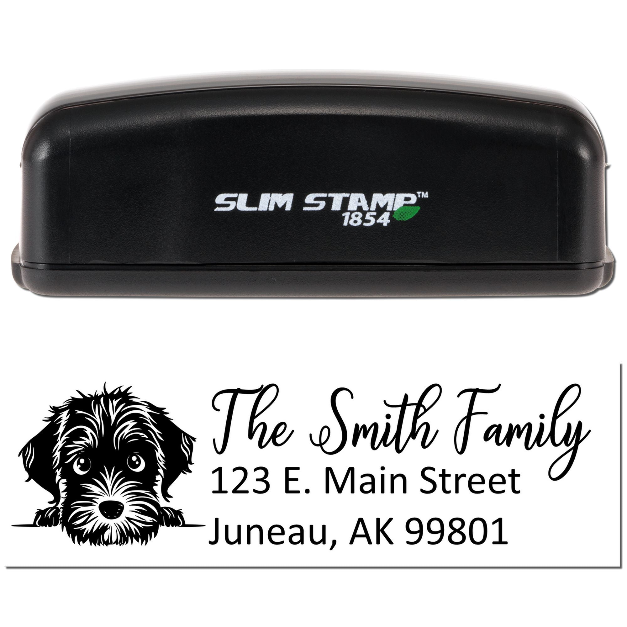 Custom dog return address rubber stamp with Slim Stamp 1854 self-inking case and The Smith Family name-and-address design.