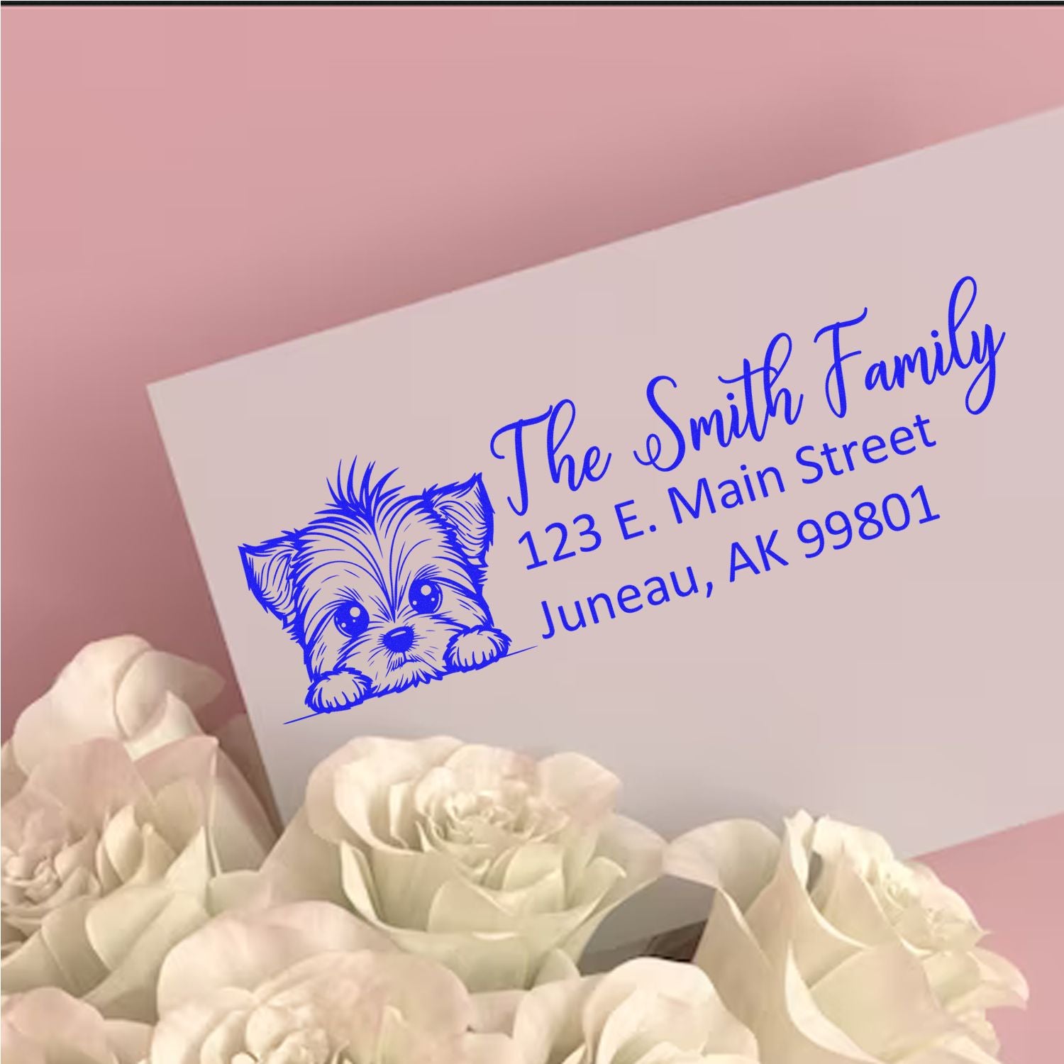 Custom dog return address rubber stamp for The Smith Family, 123 E. Main Street, Juneau, AK 99801