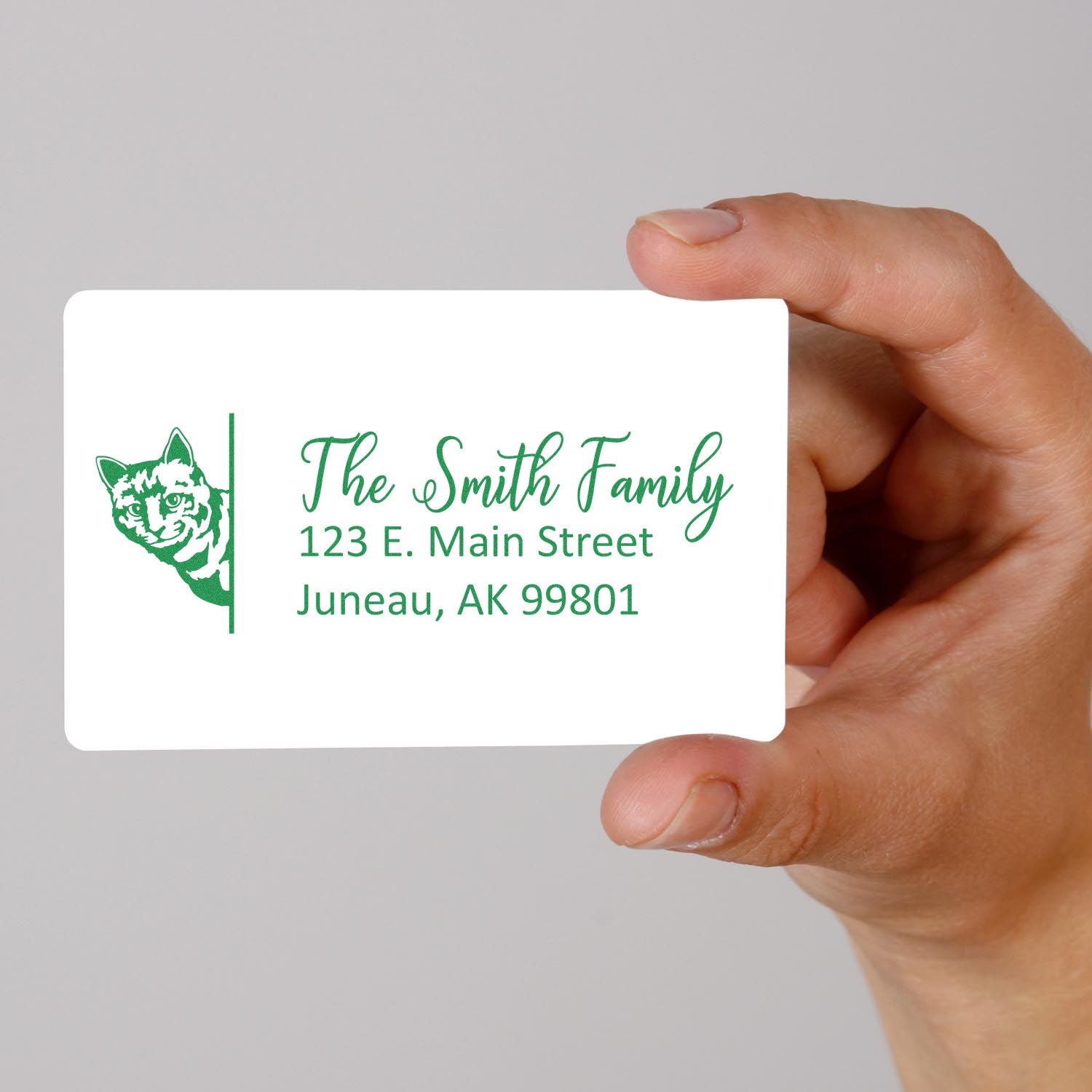 Custom family return address rubber stamp with cat design, The Smith Family, 123 E. Main Street, Juneau, AK 99801