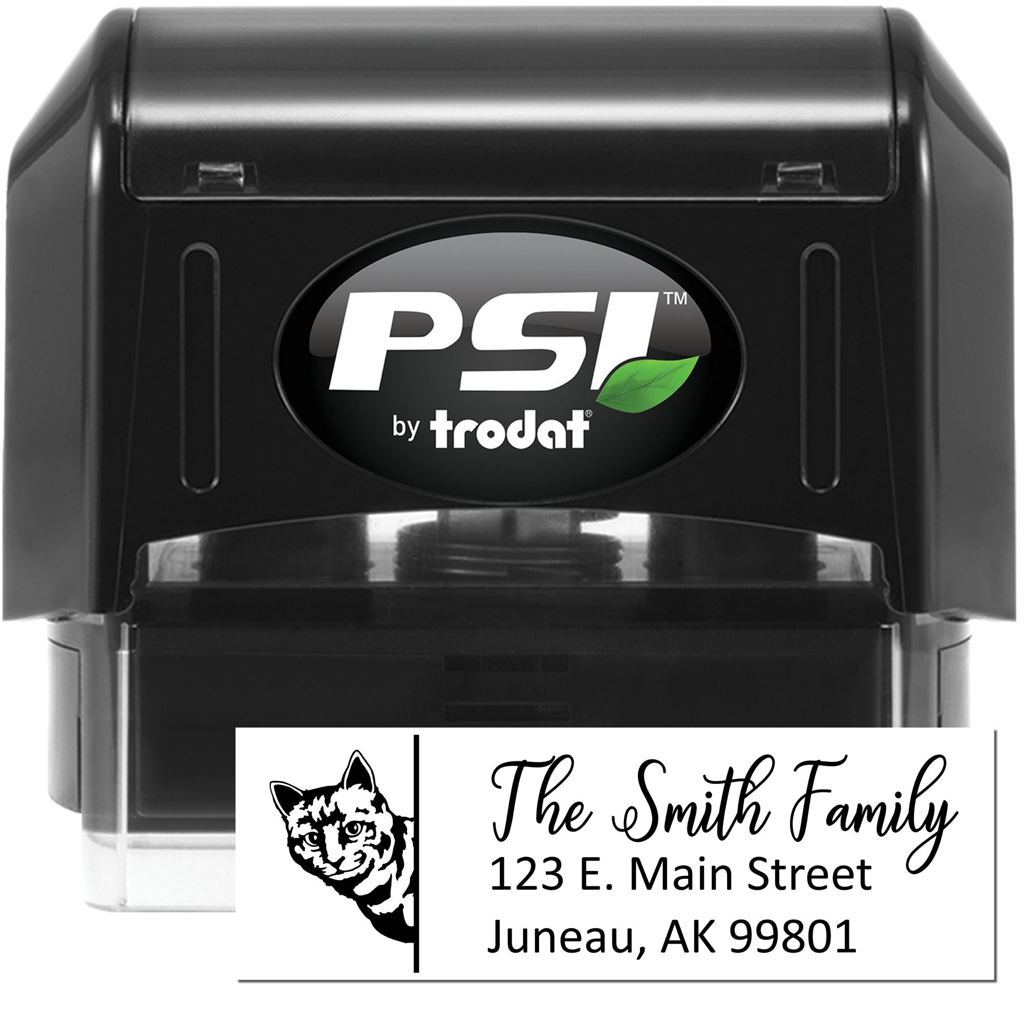 PSI by Trodat self-inking rubber address stamp with custom Smith Family return address and wolf graphic