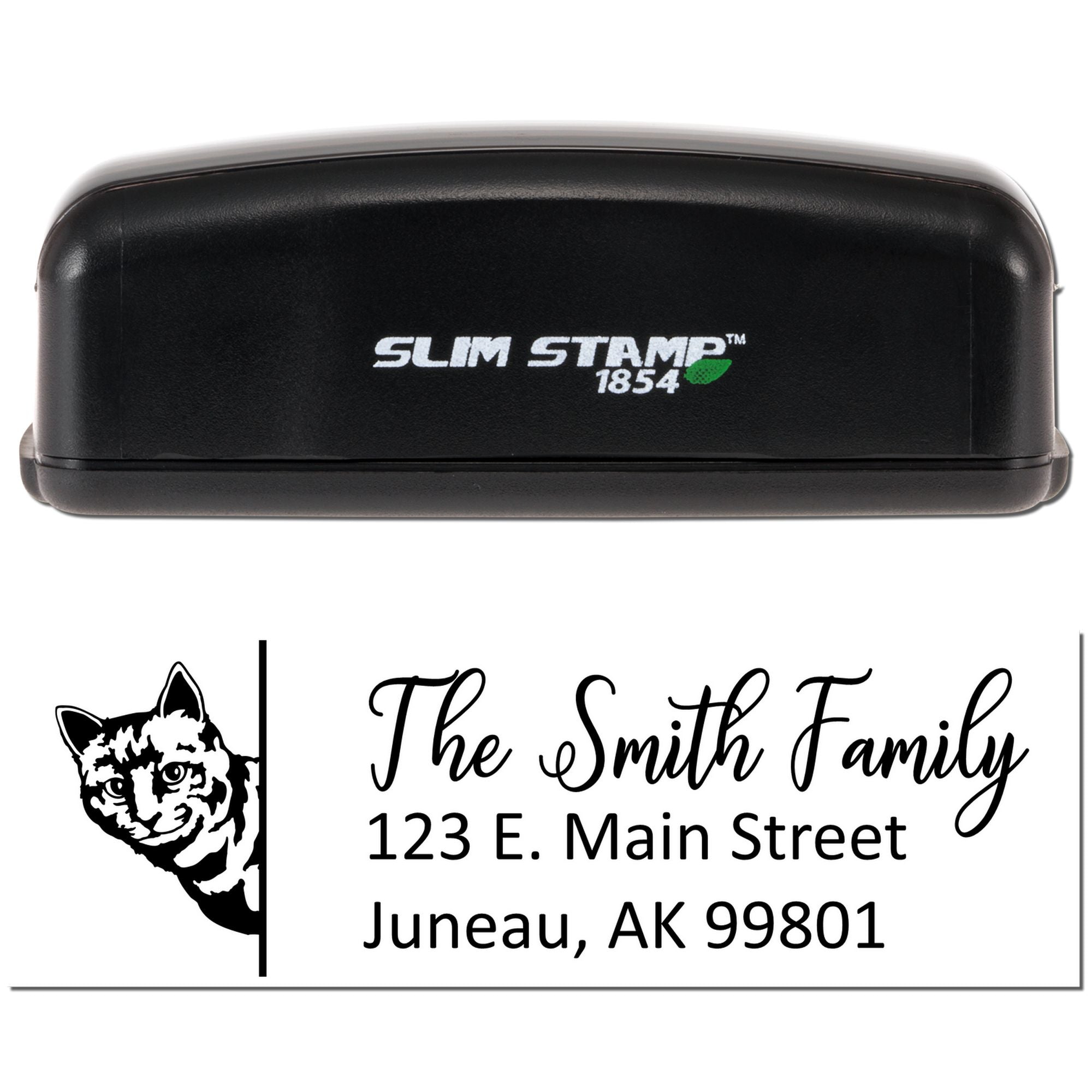 Slim Stamp 1854 custom rubber address stamp with cat design and The Smith Family name and address imprint