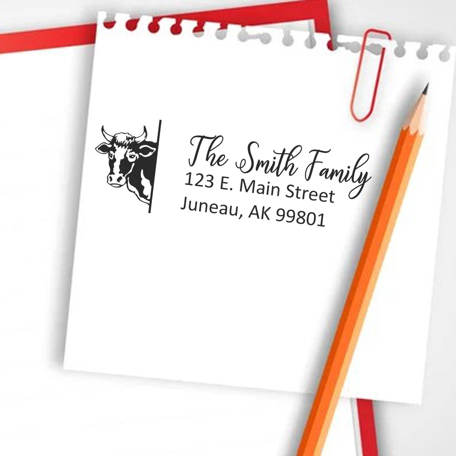 Custom cow return address rubber stamp for The Smith Family, personalized address stamp design.