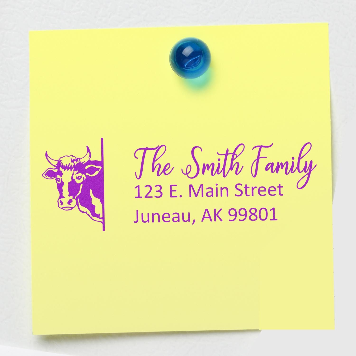 Personalized return address rubber stamp with cow design for The Smith Family, 123 E. Main Street, Juneau, AK 99801.