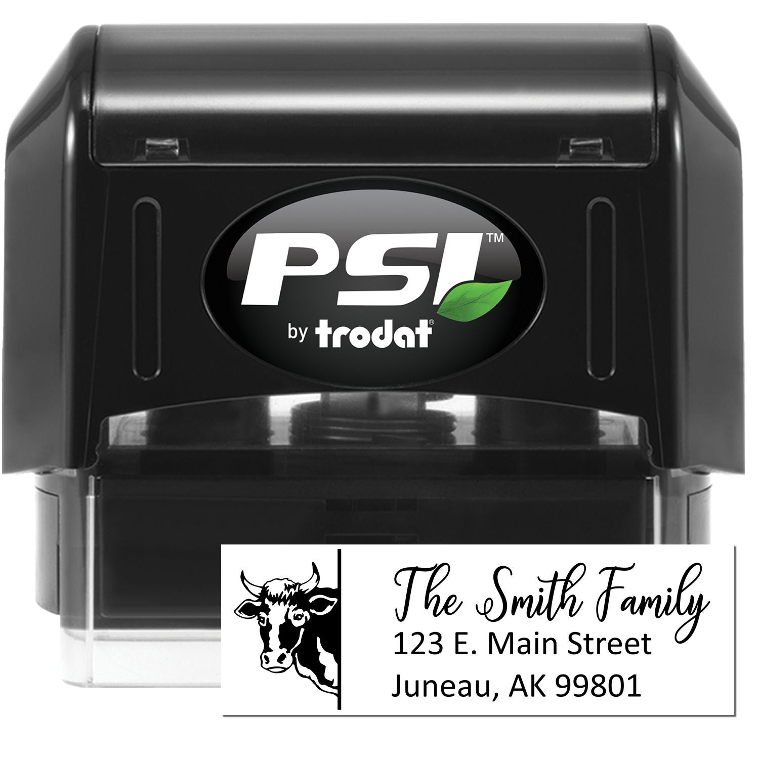 Custom self-inking rubber stamp by PSI Trodat, featuring a personalized return address and custom cow logo design.