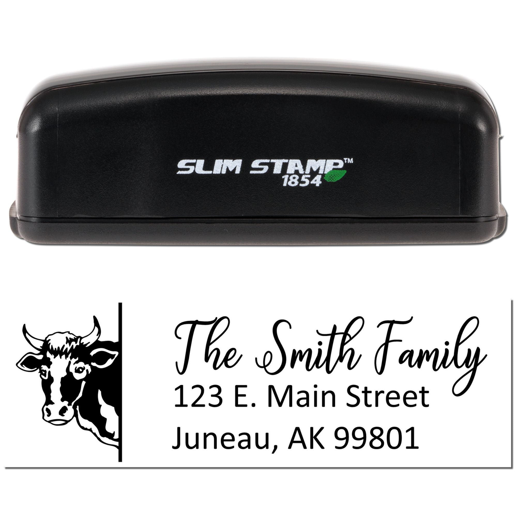 Slim Stamp 1854 custom self-inking rubber address stamp with cow design for The Smith Family, Juneau, AK