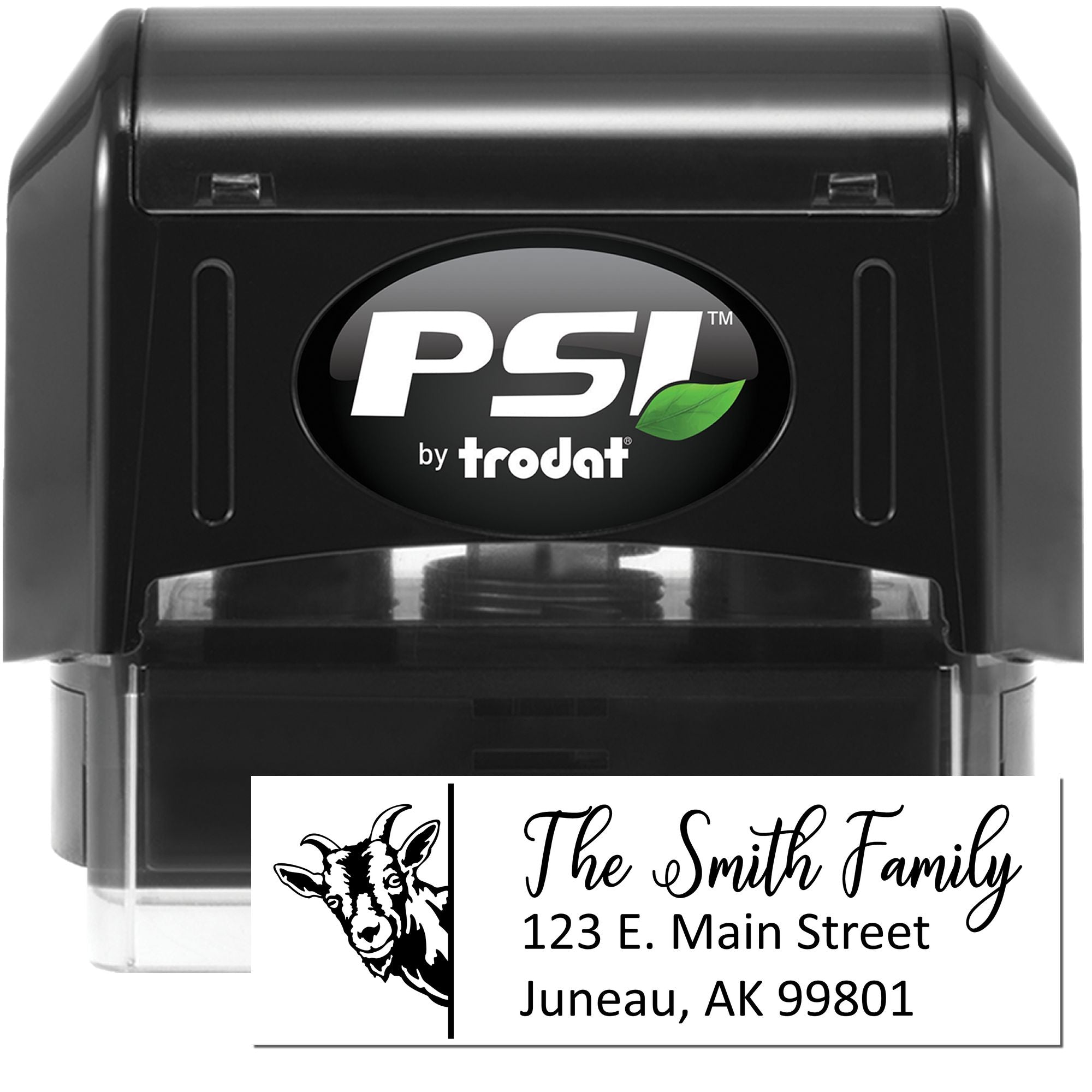 Custom self-inking address stamp by PSI Trodat with goat design, The Smith Family, and Juneau, AK return address.