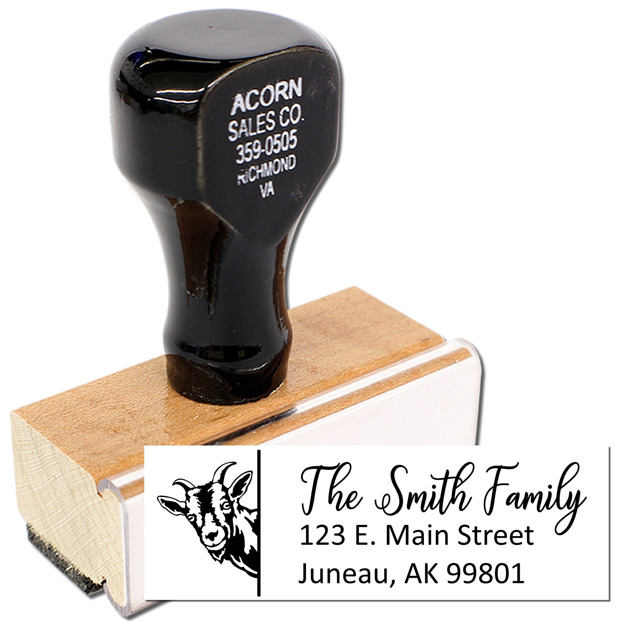 Custom rubber address stamp with goat design and Smith family return address, ideal for personalized mailing and business branding.