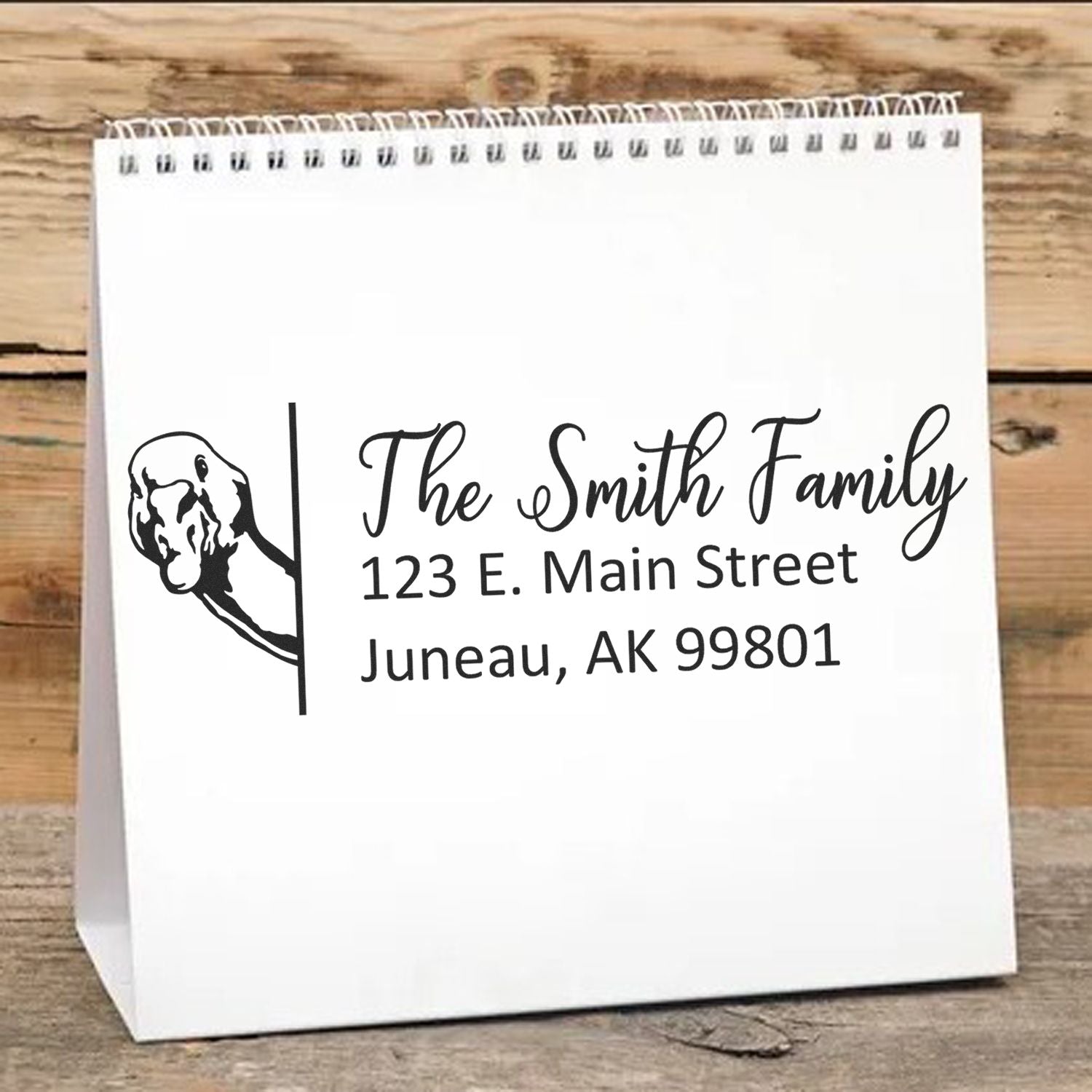 Custom address rubber stamp with dog illustration, The Smith Family return address for personalized mailing and gift bags