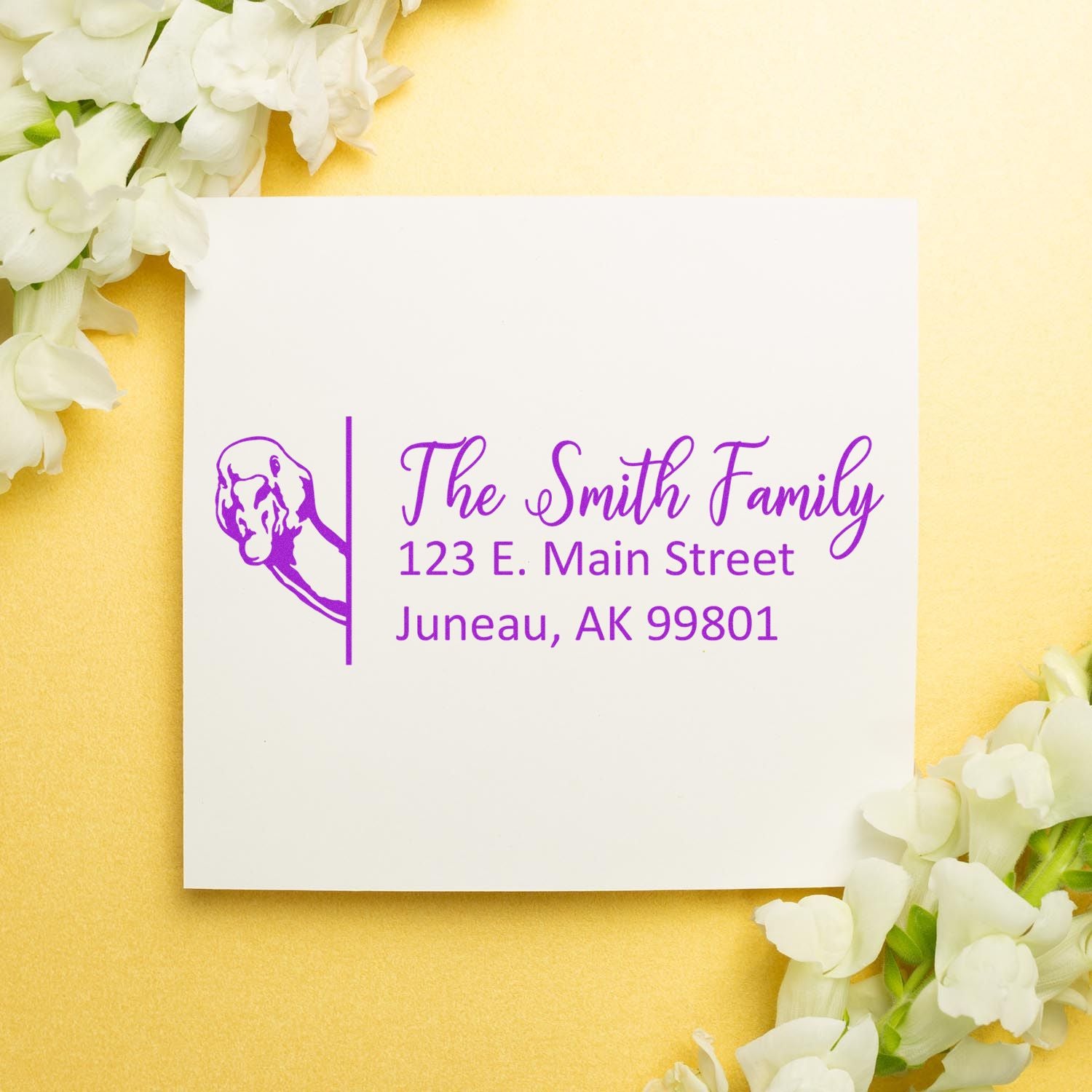 Custom family return address rubber stamp with elephant design and The Smith Family, Juneau, AK address.