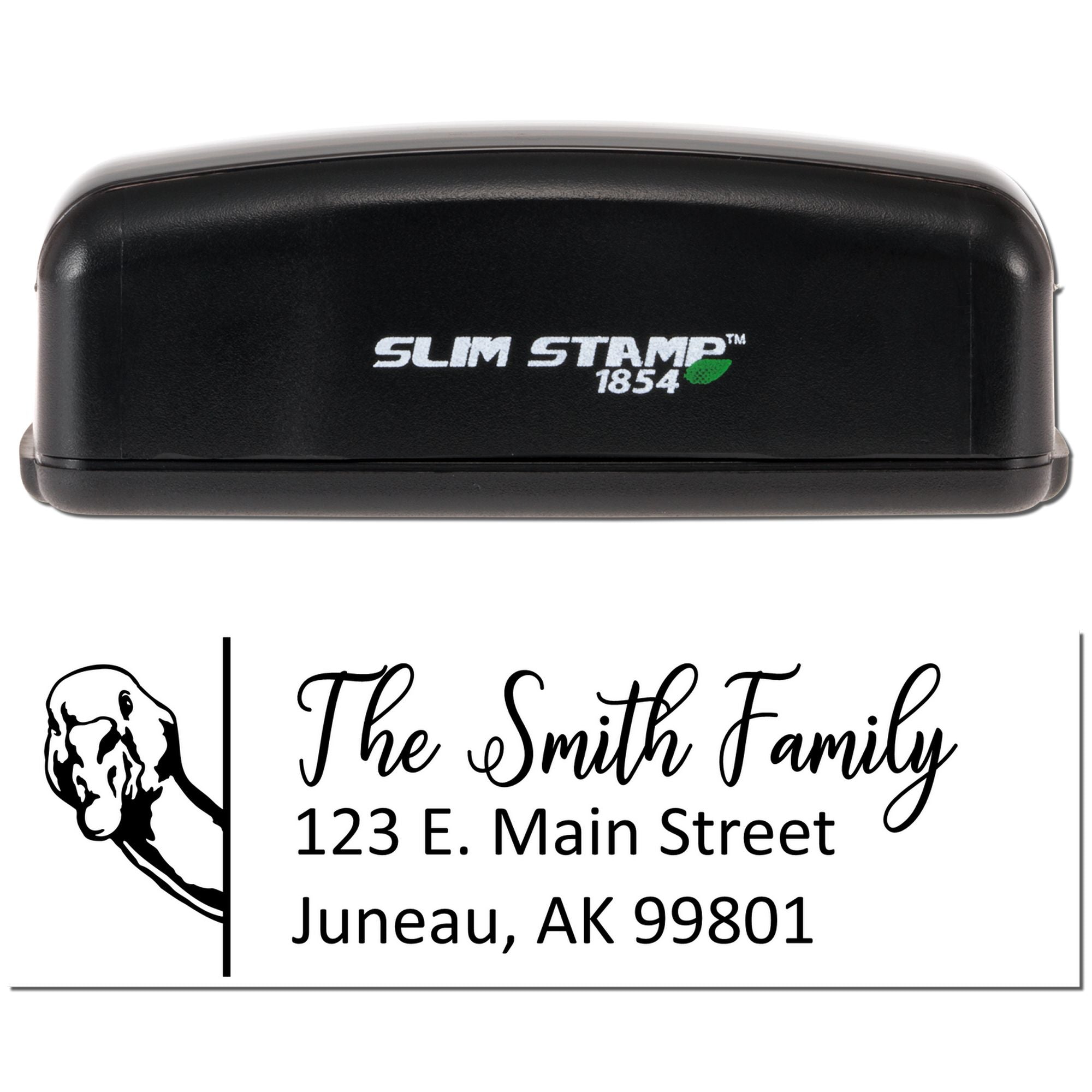 Custom self-inking address rubber stamp for The Smith Family with dog portrait, Juneau, AK return address, and house number.