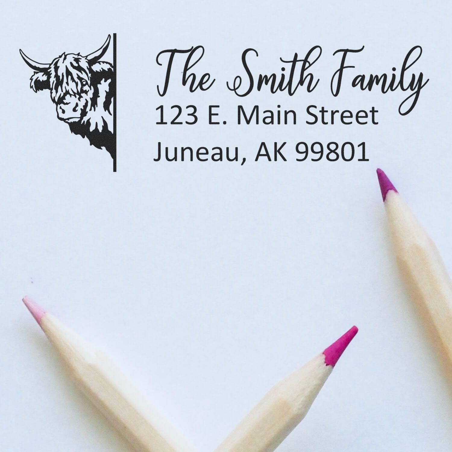 Personalized return address rubber stamp with Highland cow design for The Smith Family, Juneau, AK 99801.