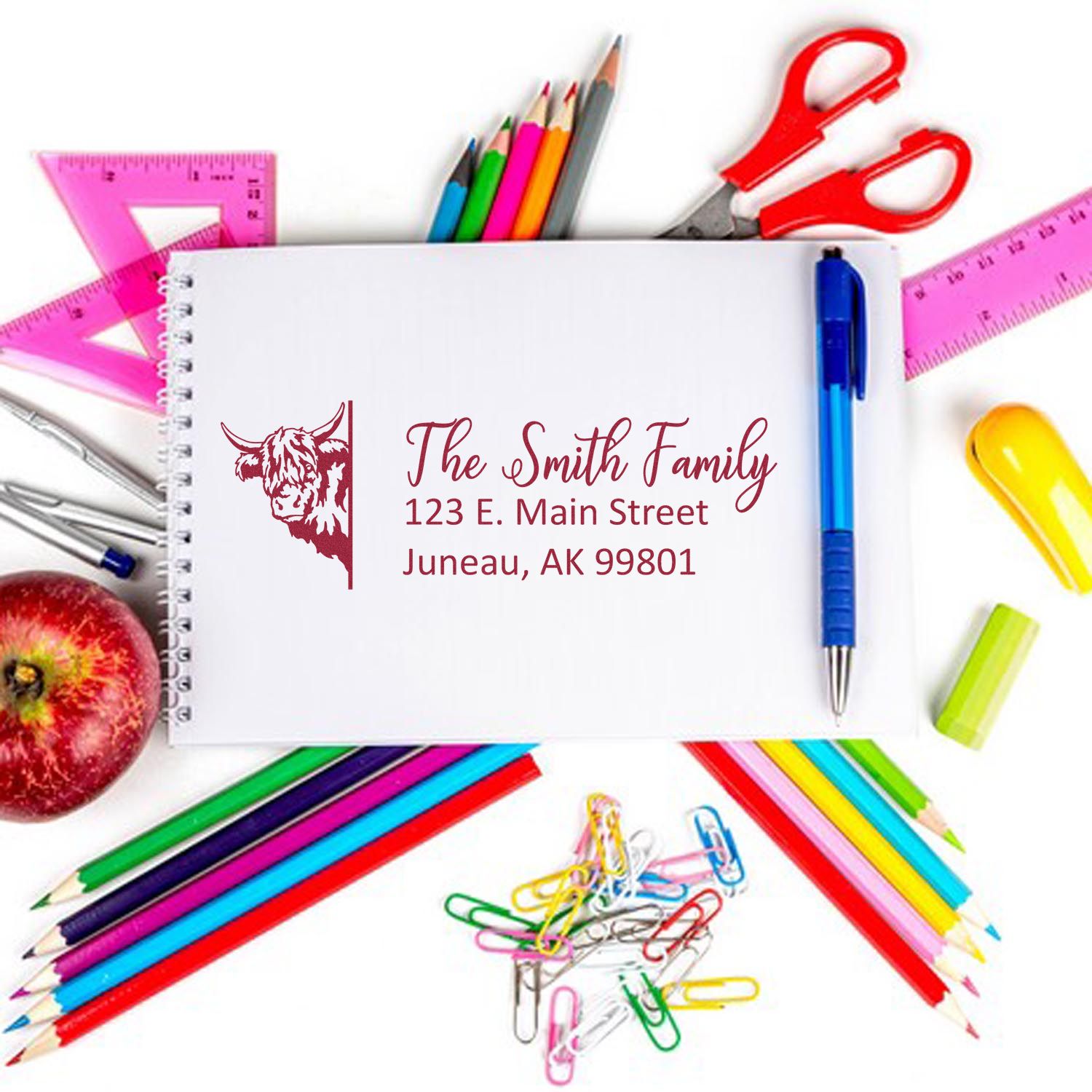 Personalized family return address rubber stamp with name and Alaska address for envelopes, stationery and mail.