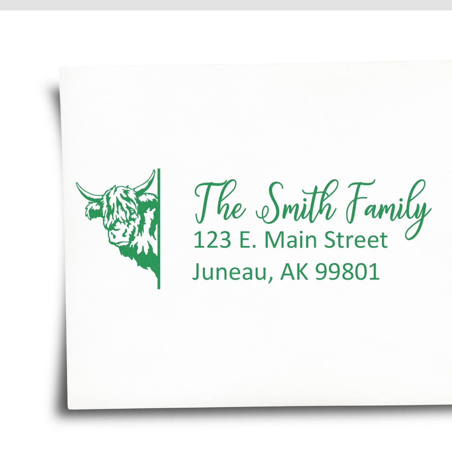 Custom Highland cow address rubber stamp for family mailings with name, street address, and city, state ZIP.
