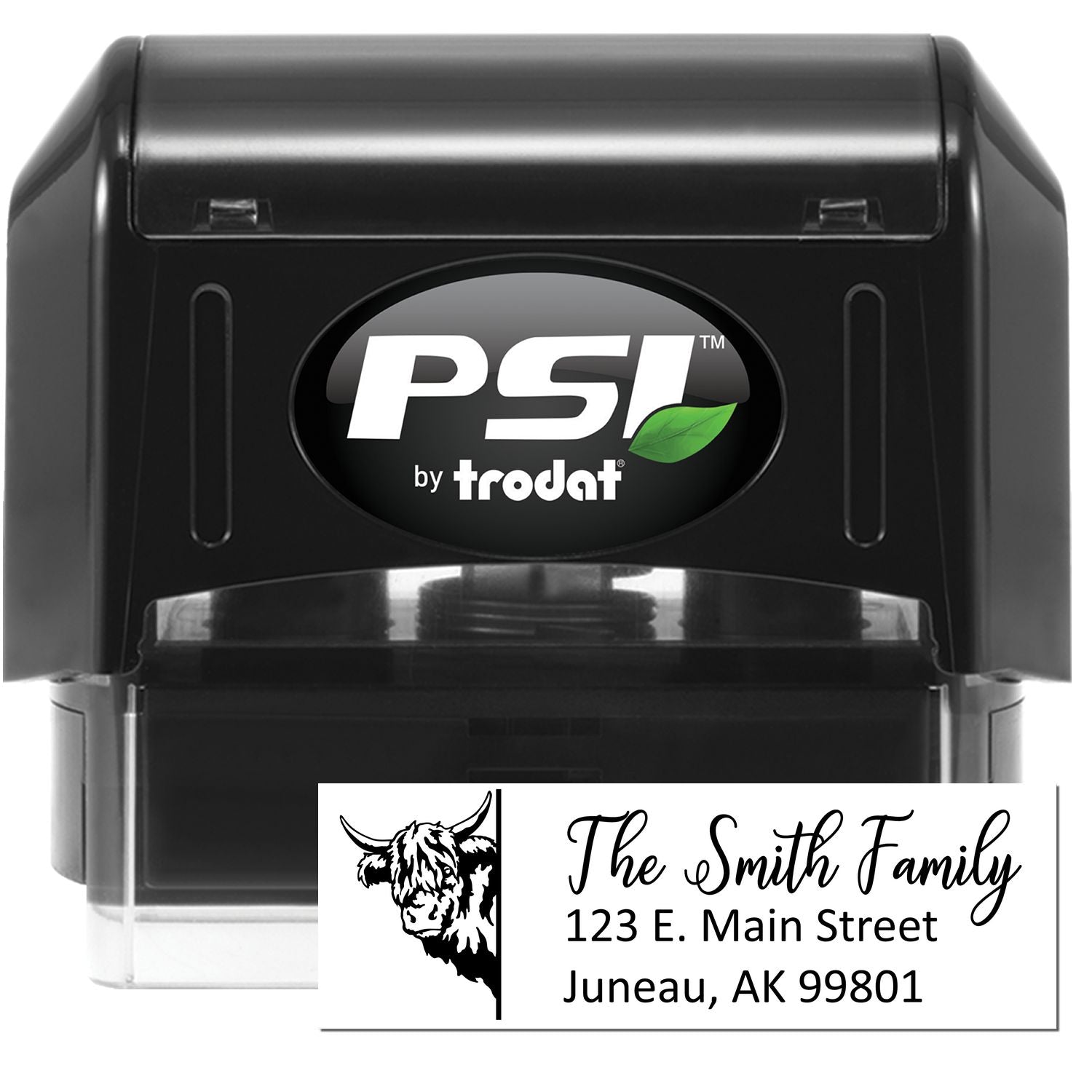 Custom PSI by Trodat self-inking address rubber stamp with cow design for The Smith Family, Juneau, AK 99801.